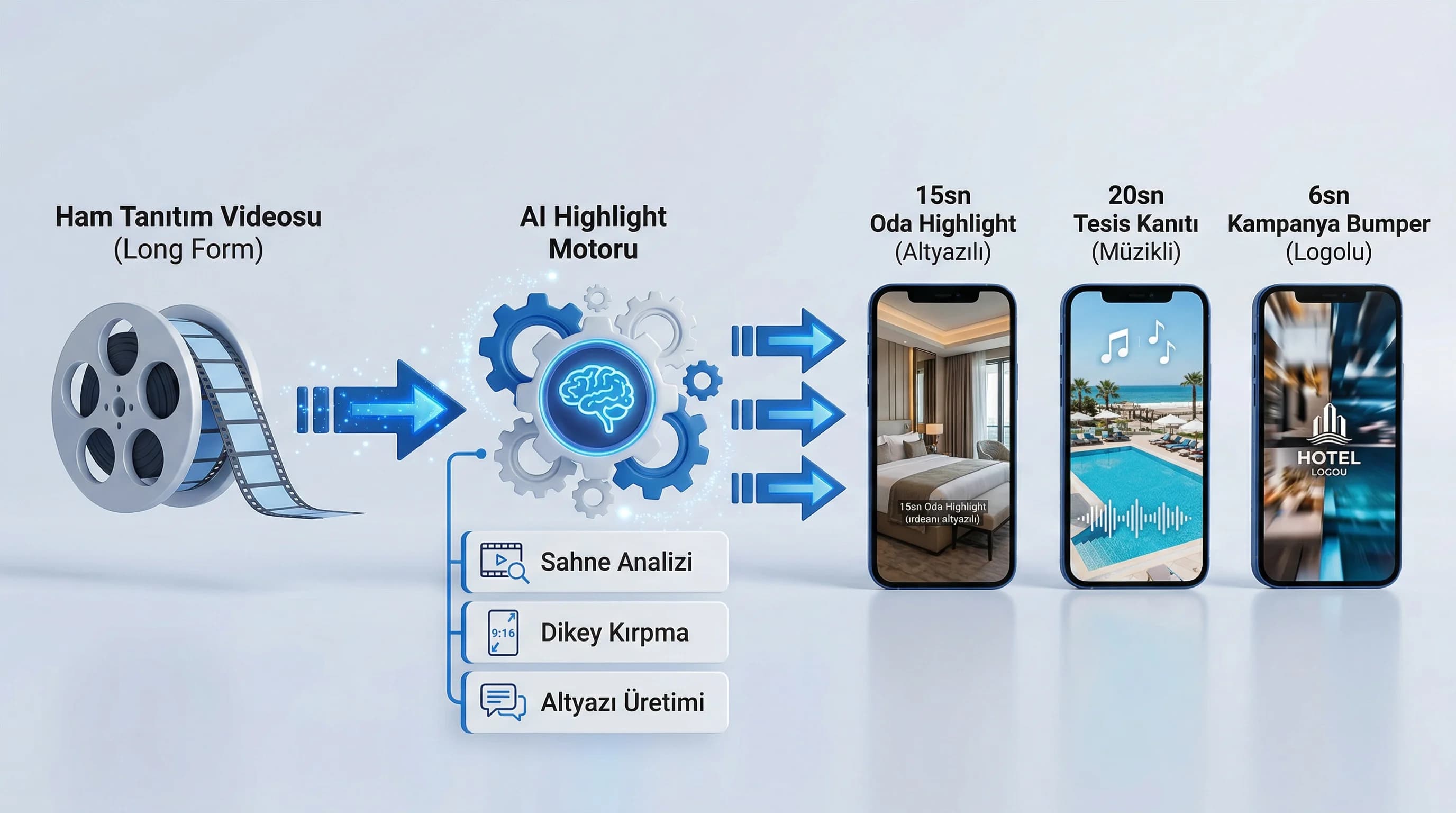 Uzun video highlight reels akışı, otel sosyal medya üretimini hızlandıran