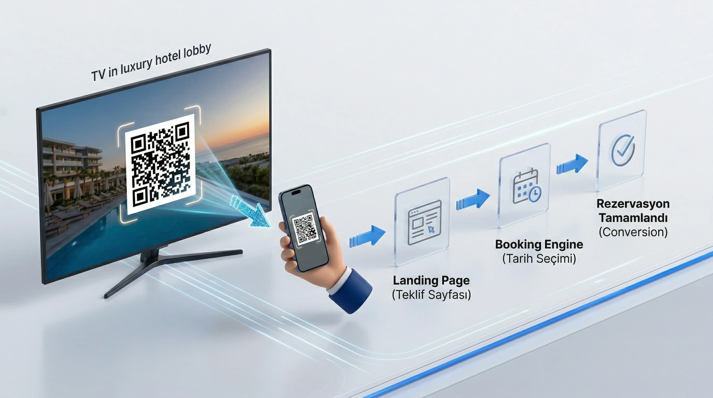 QR koddan booking engine’e rezervasyon funnel diyagramı otel bağlamı