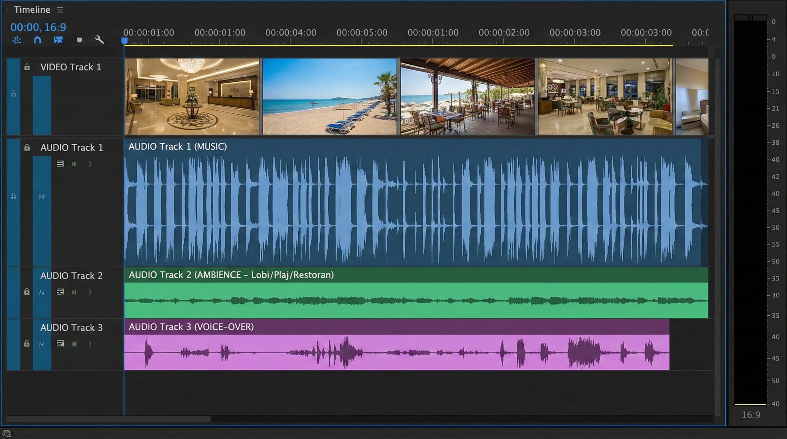 Waveform ve timeline üzerinde müzik-ambiyans katmanları örneği görseli