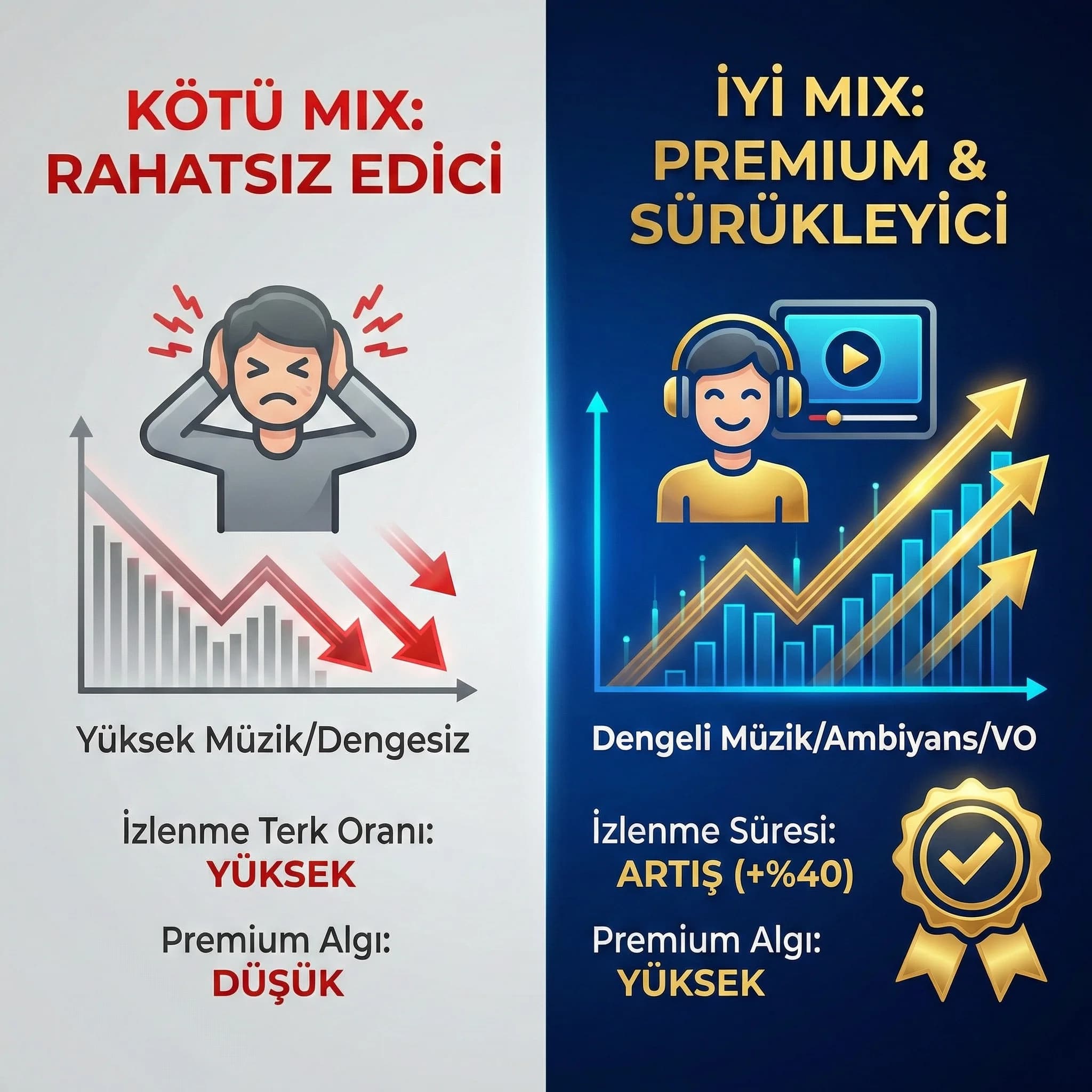 Doğru ses mix’inin izlenme süresi ve premium algıya etkisi kartı