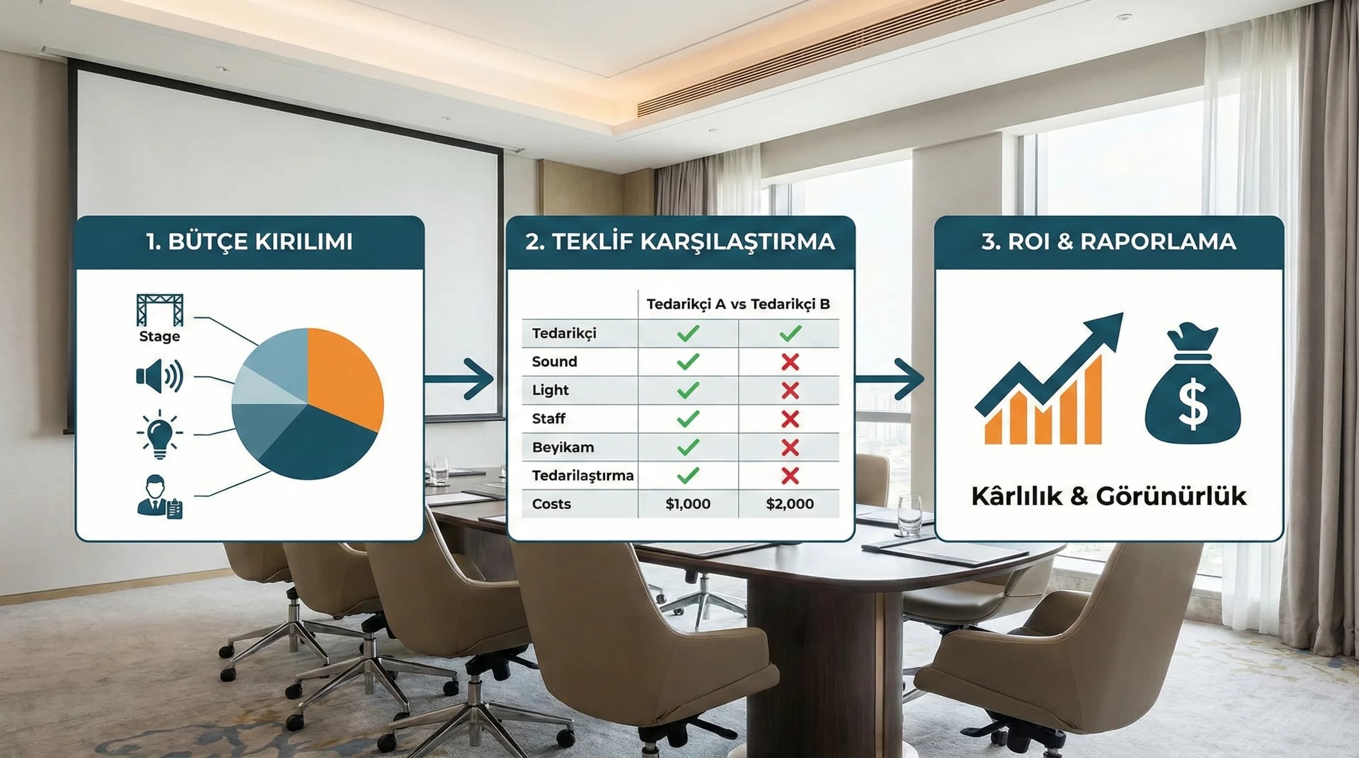 Bütçe kırılımı, teklif kıyası ve ROI akışını anlatan otel context görseli