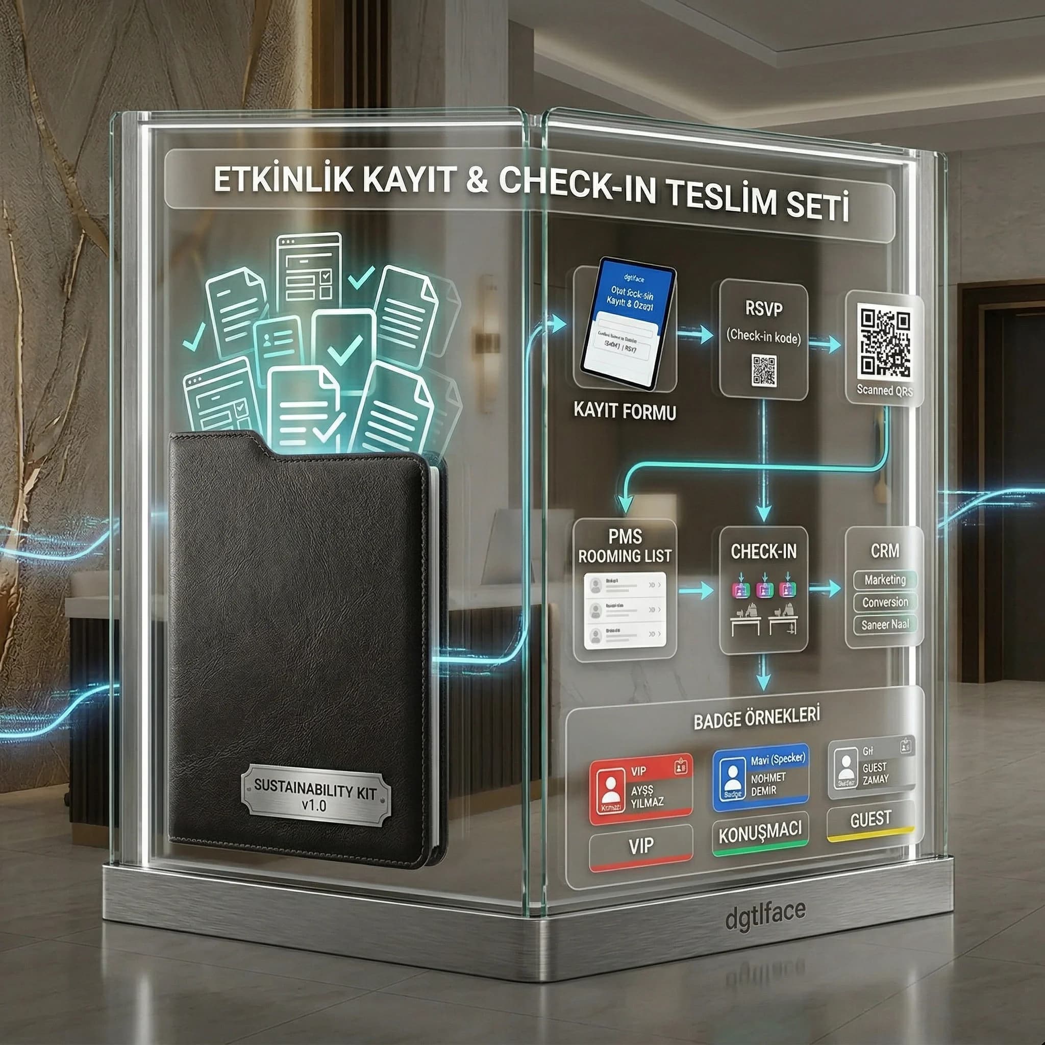 Kayıt akışı, badge örnekleri ve PMS/CRM entegrasyon deliverables proof kartı