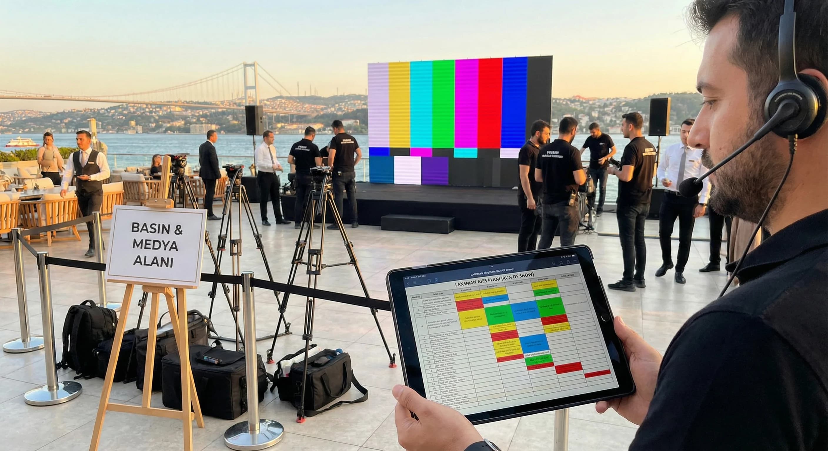 Run of show ve sahne LED planını özetleyen otel lansman context görseli