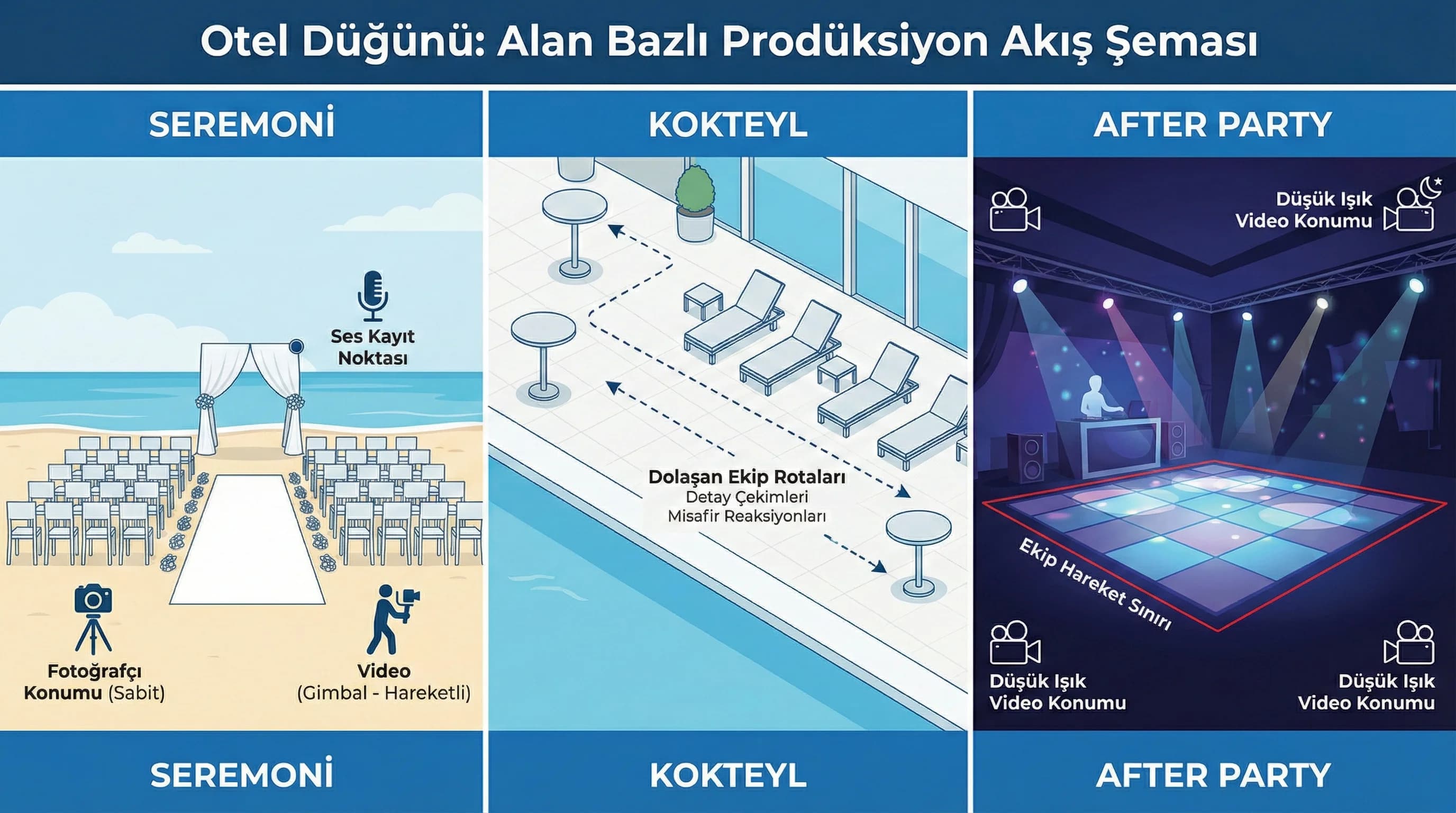 Otel düğününde tören kokteyl after çekim planı akış diyagramı