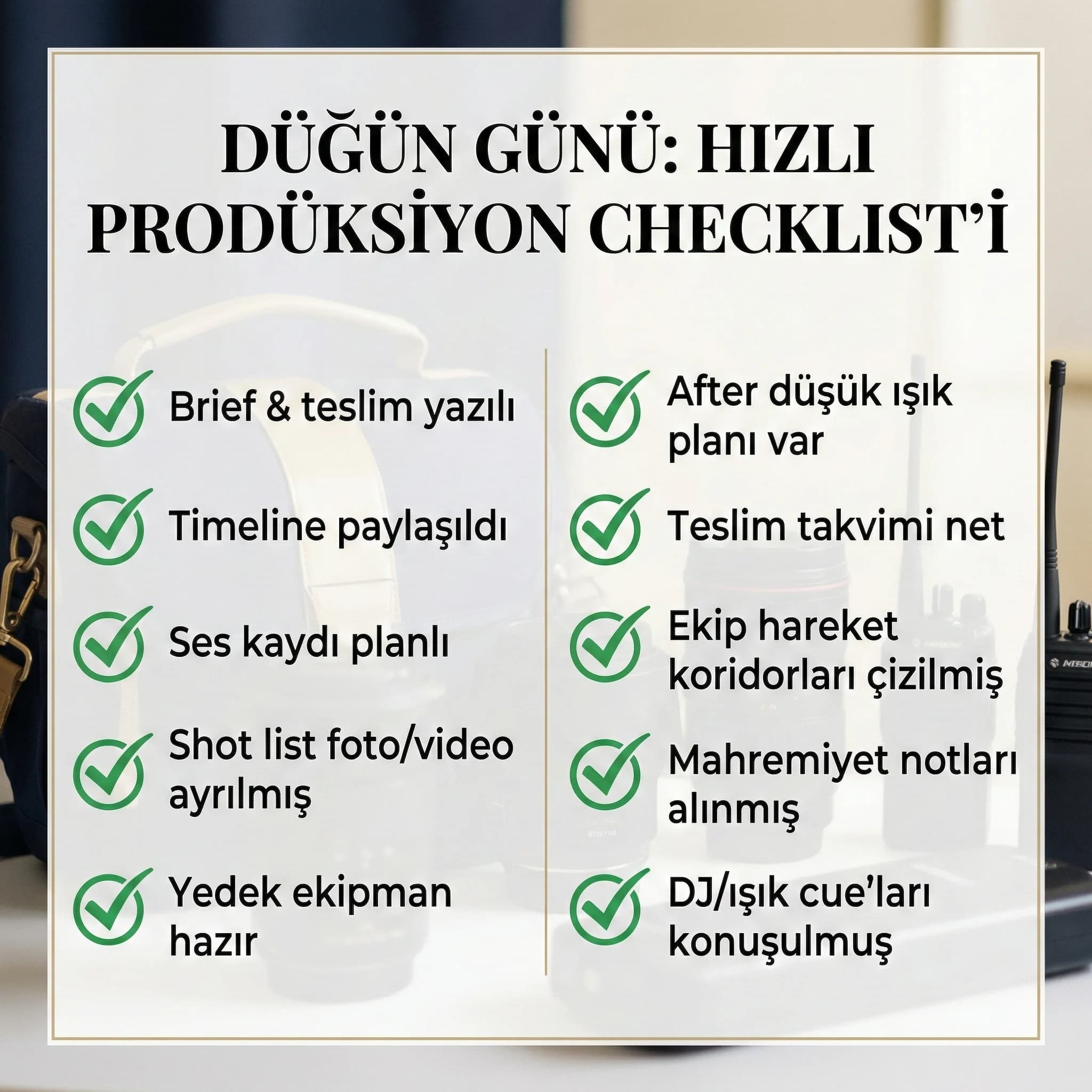Düğün günü 20 maddelik hızlı prodüksiyon checklist kartı otel bağlamı
