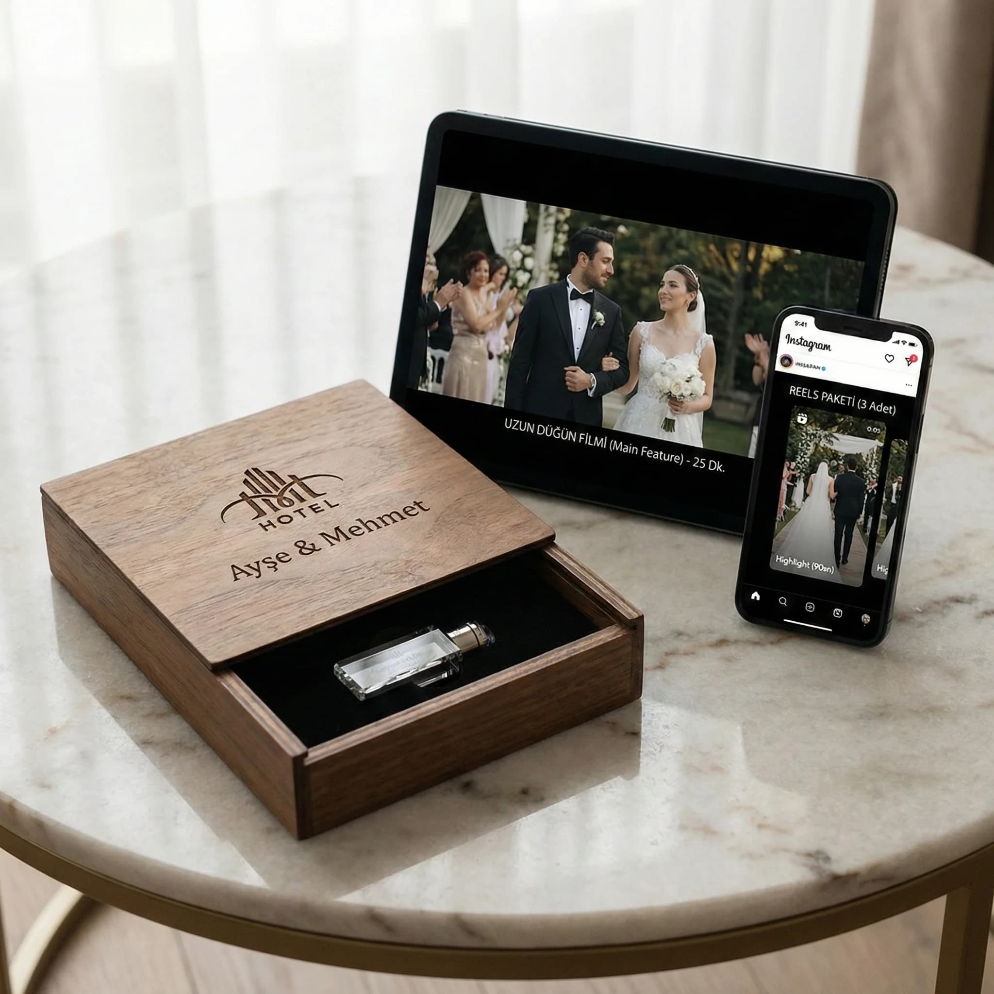 Uzun film highlight ve reels teslim paketini gösteren proof kartı otel düğünü