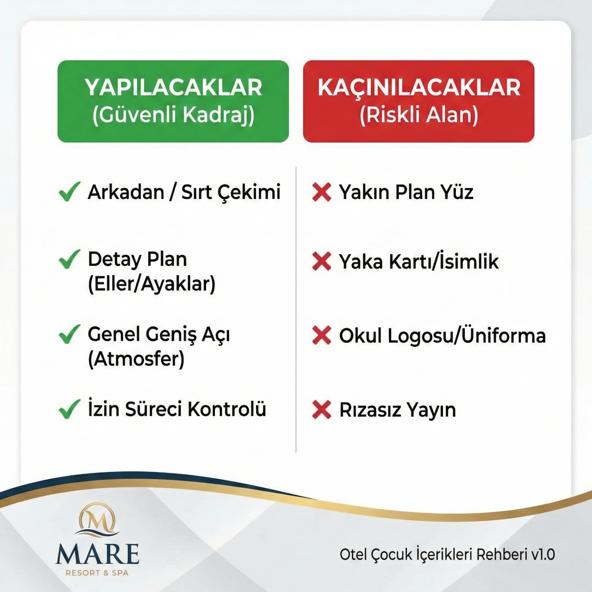 Çocuk içerikleri yapılacaklar ve kaçınılacaklar checklist kartı otel için