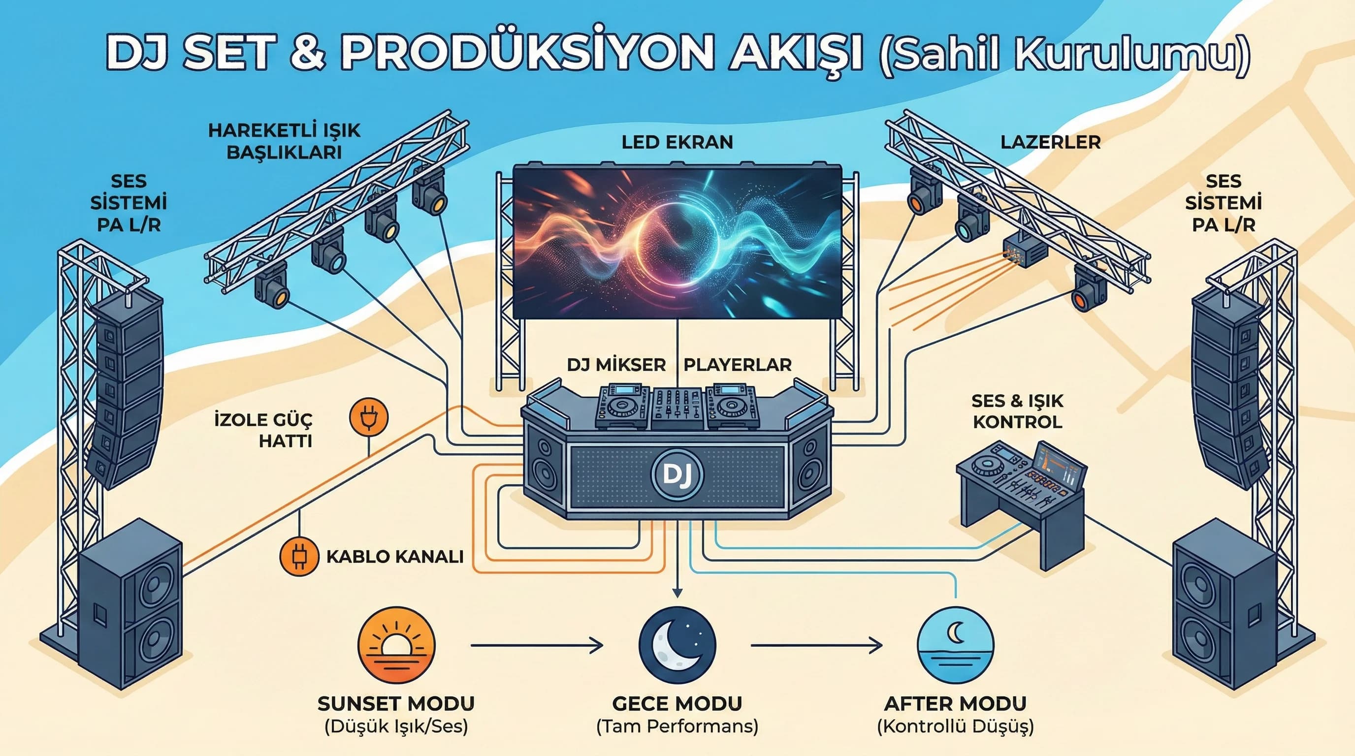 DJ booth sahne yerleşimi ve ses ışık akışı diyagramı otel beach party