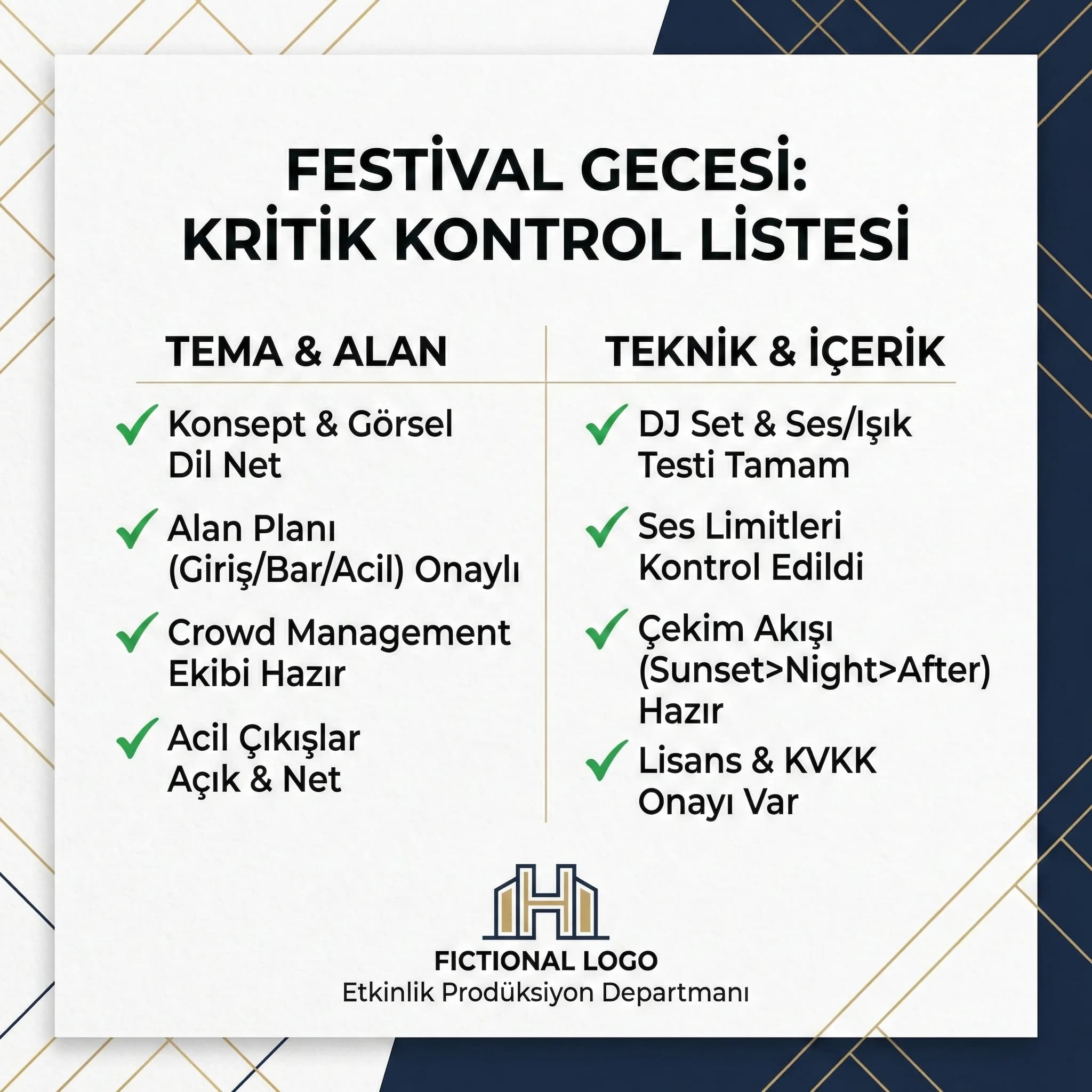 Tema seçimi ve prodüksiyon kontrol checklist kartı otel festival gecesi