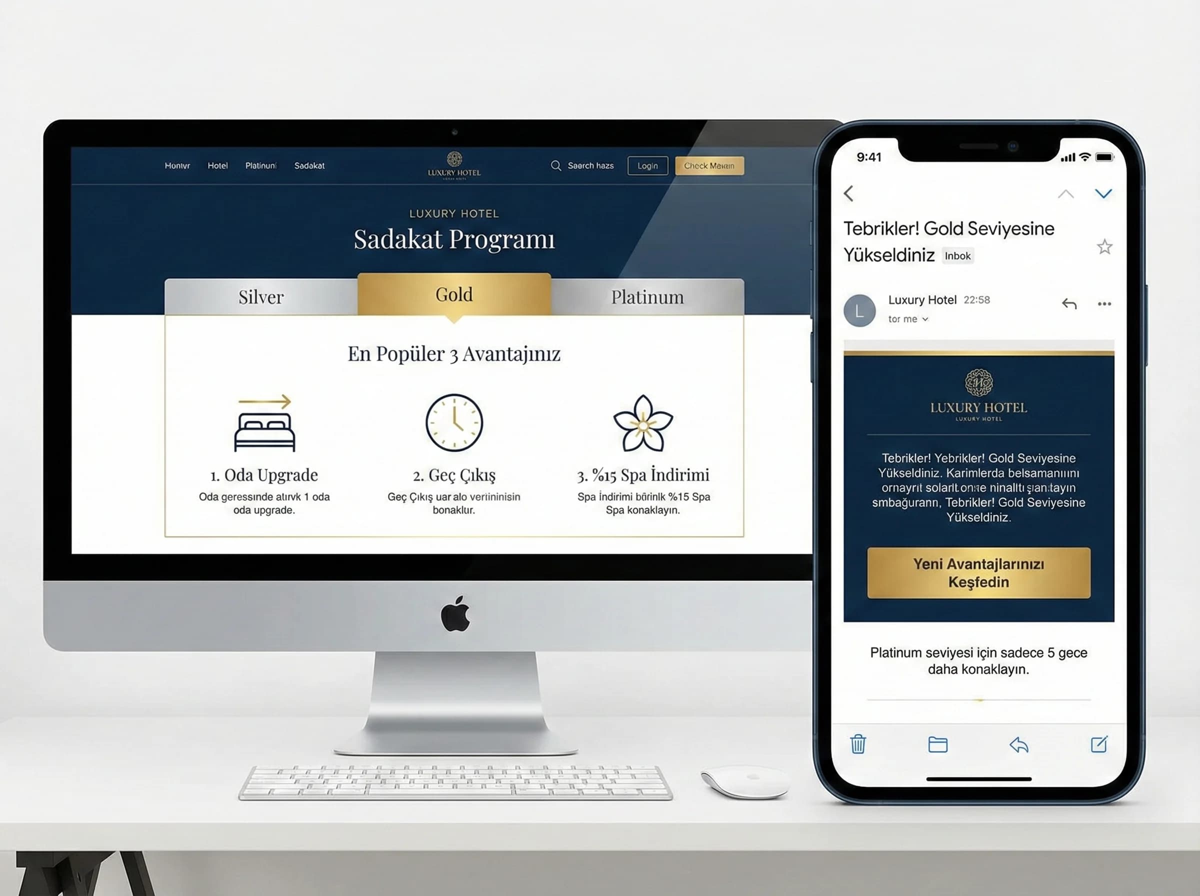 Sadakat sayfası ve e-posta mockup’ı, online anlatım otel bağlamı