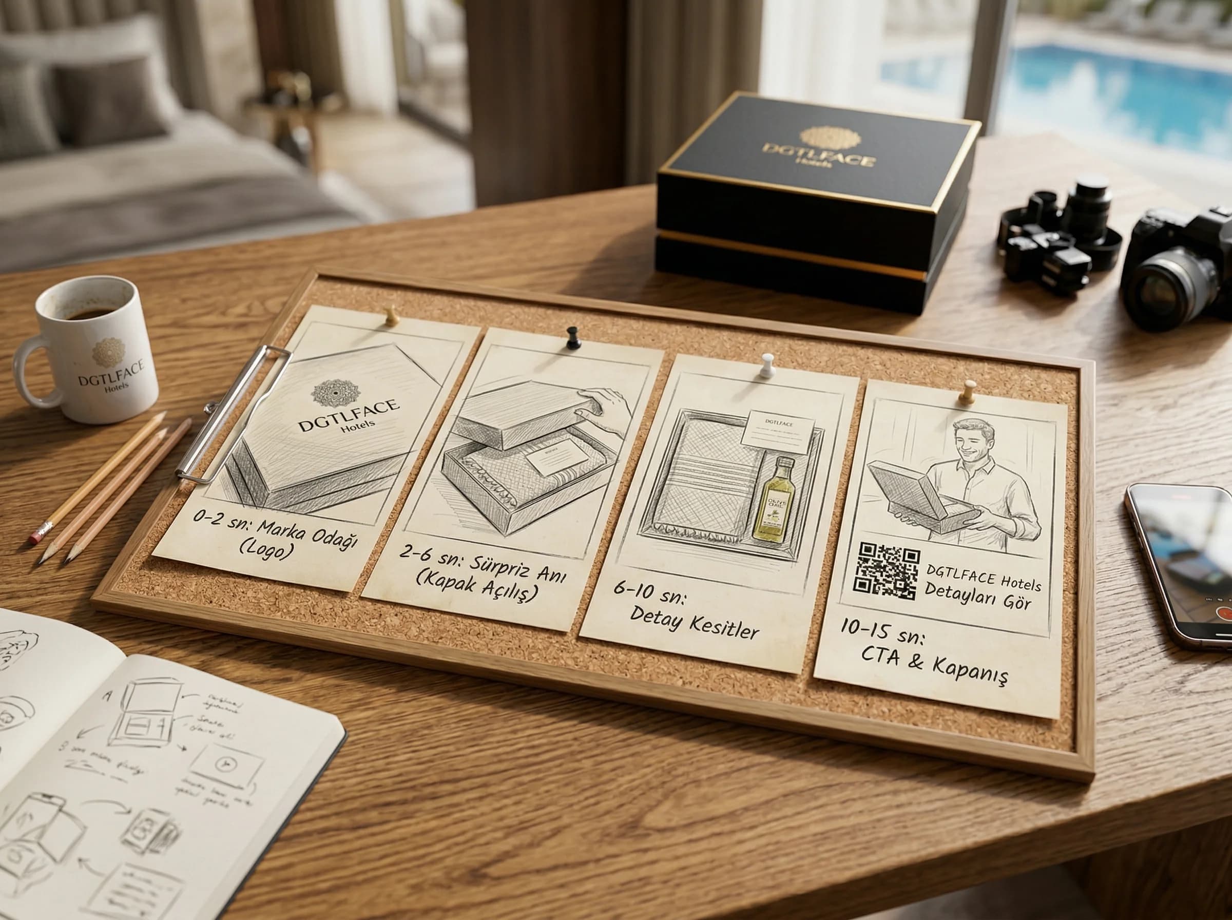 Unboxing storyboard panosu, çekim planı ve otel bağlamı
