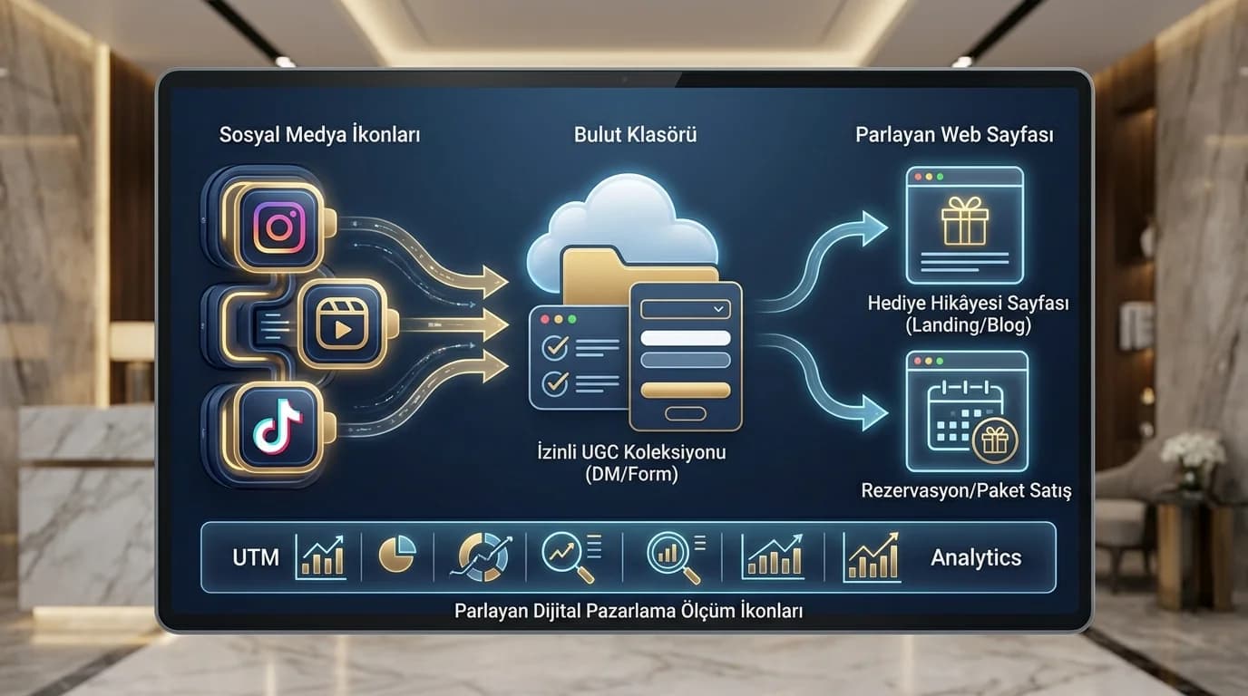 Hediye hikâyesi akış diyagramı, sosyalden web’e otel bağlamı