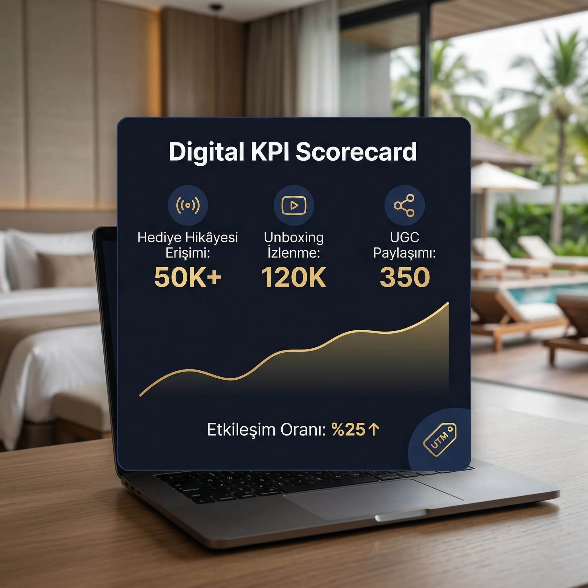Hediye hikâyesi KPI kartı, tıklama ve etkileşim otel bağlamı