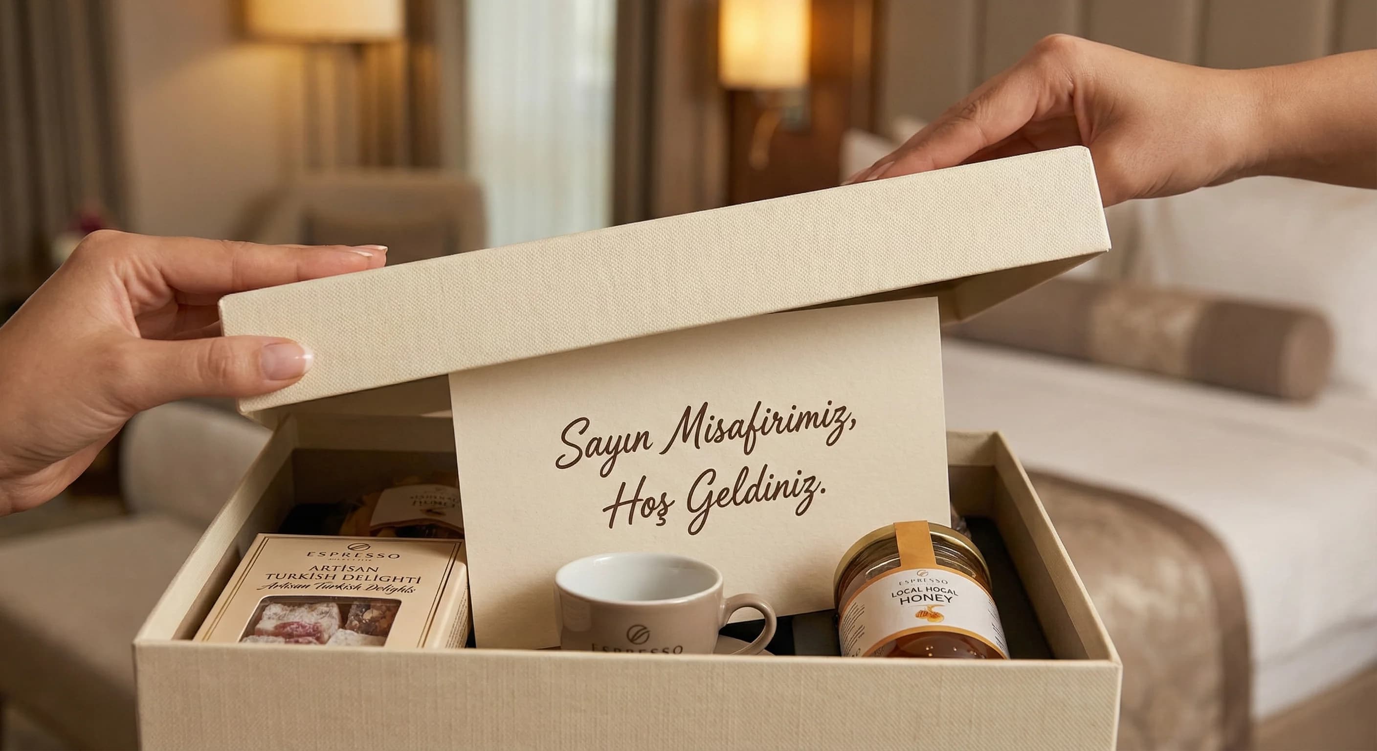 Oda içi VIP welcome set yerleşimi, marka dili ve otel bağlamı