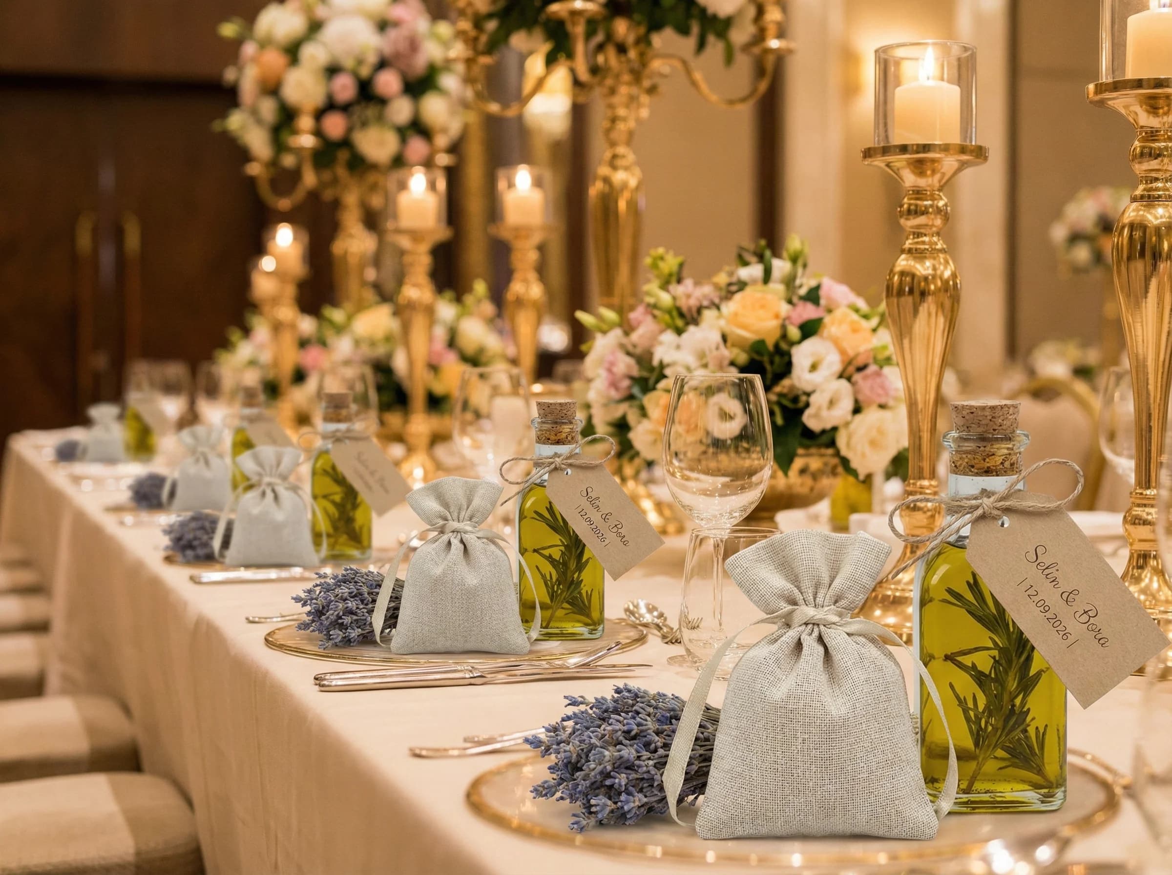 Wedding favor fikirleri, masa üstü hediye ve otel bağlamı