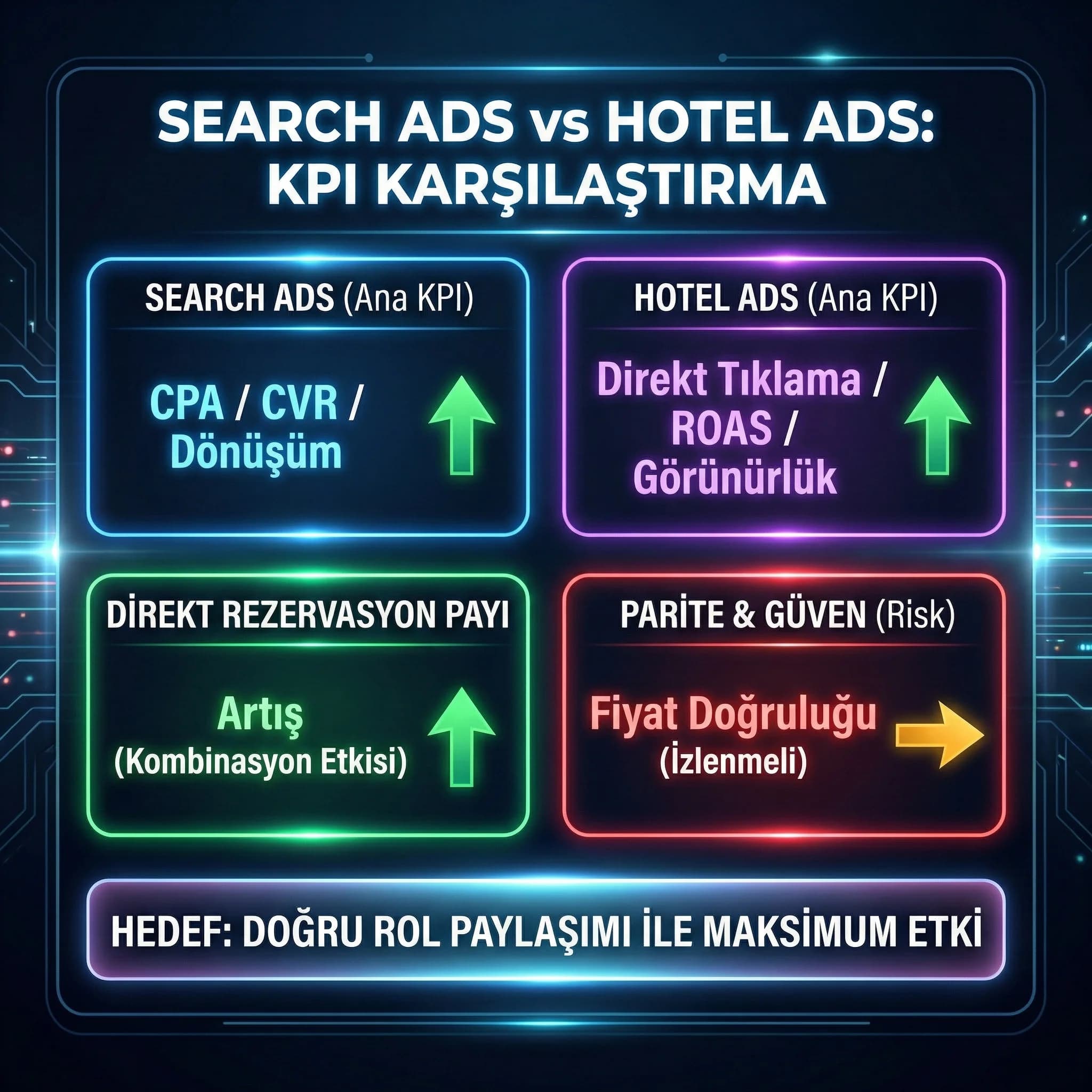 Hotel Ads ve Search performansını 3–5 KPI ile özetleyen skor kartı