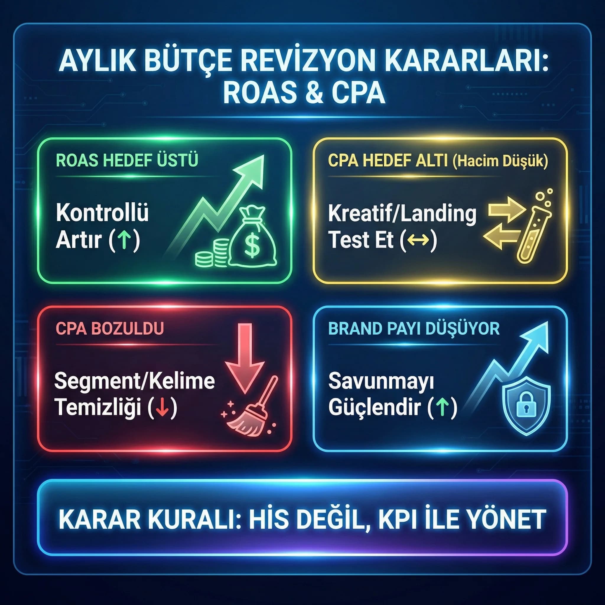 ROAS ve CPA hedefleriyle bütçe revizyon kararlarını özetleyen skor kart