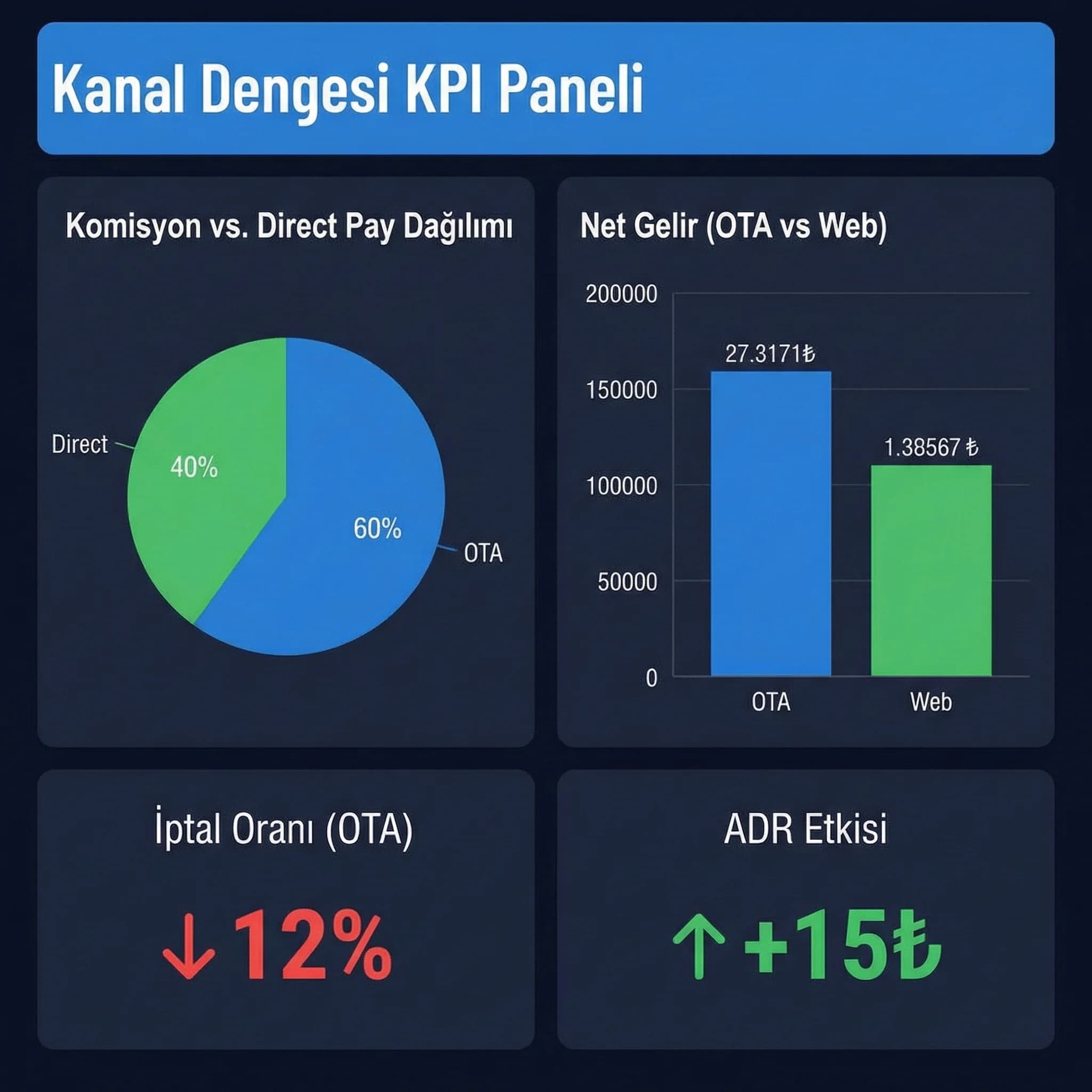 Kanal KPI paneli, amaç: komisyon–direct pay takibi, otel gelir bağlamı