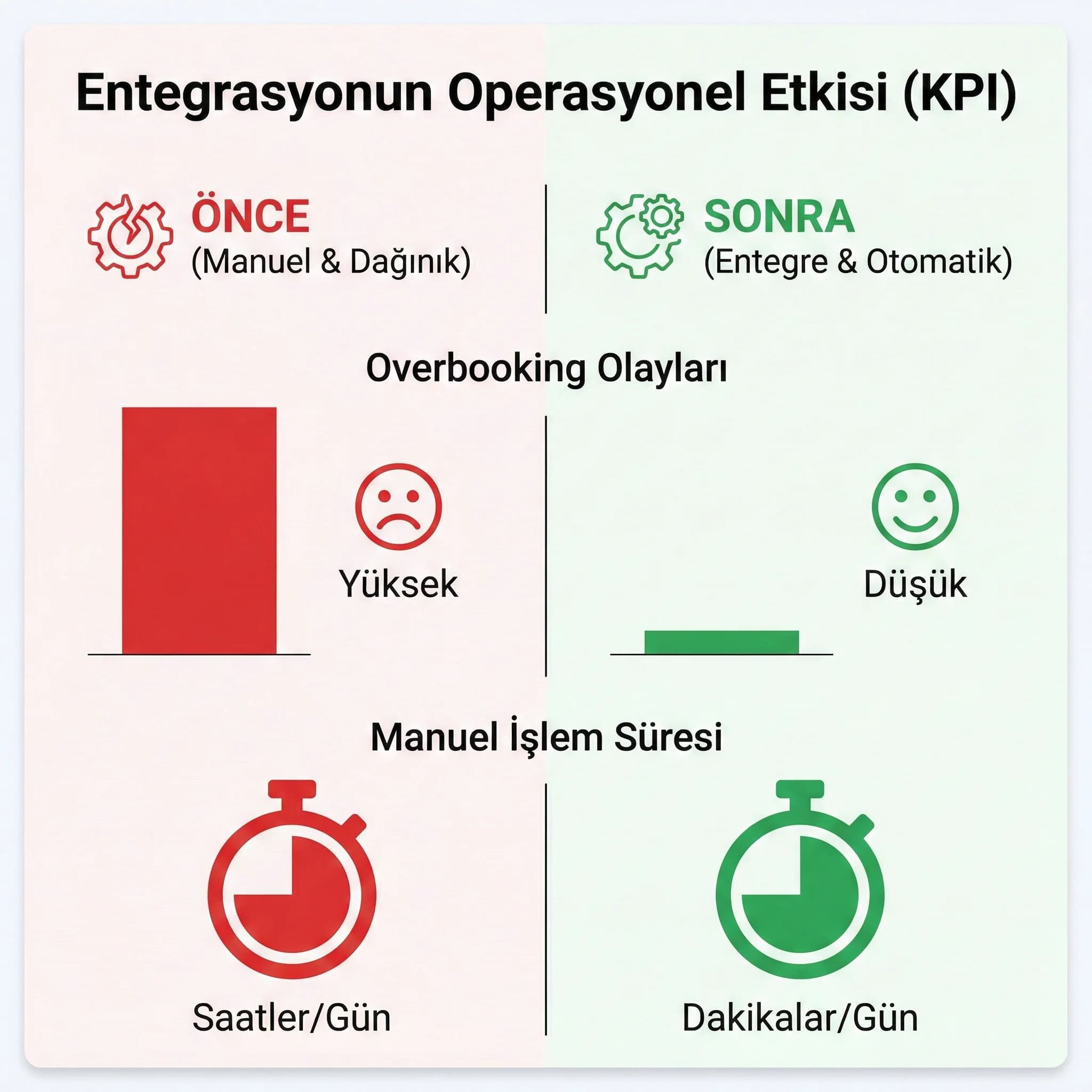 PMS entegrasyonu öncesi sonrası KPI kartı, overbooking ve manuel iş yükünü izler