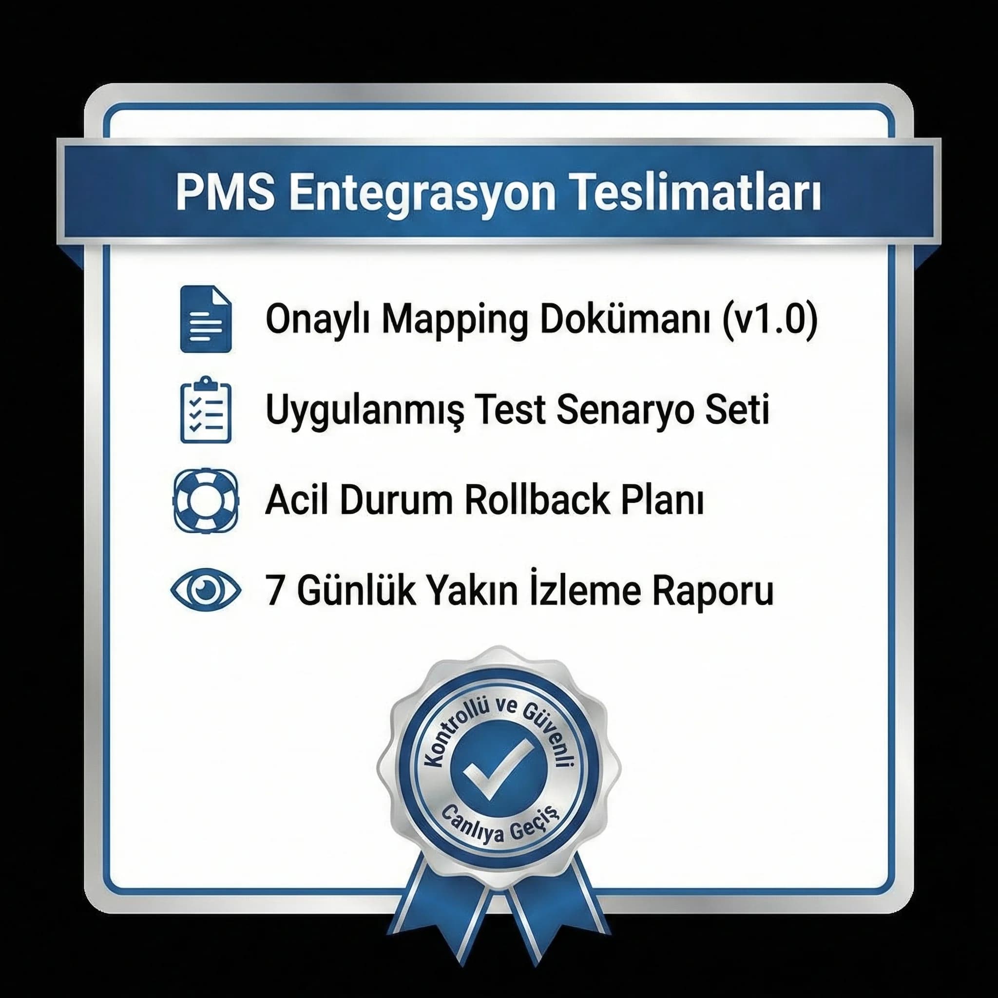 PMS entegrasyonu çıktıları ve güven unsurları kartı, proje teslimlerini netleştirir