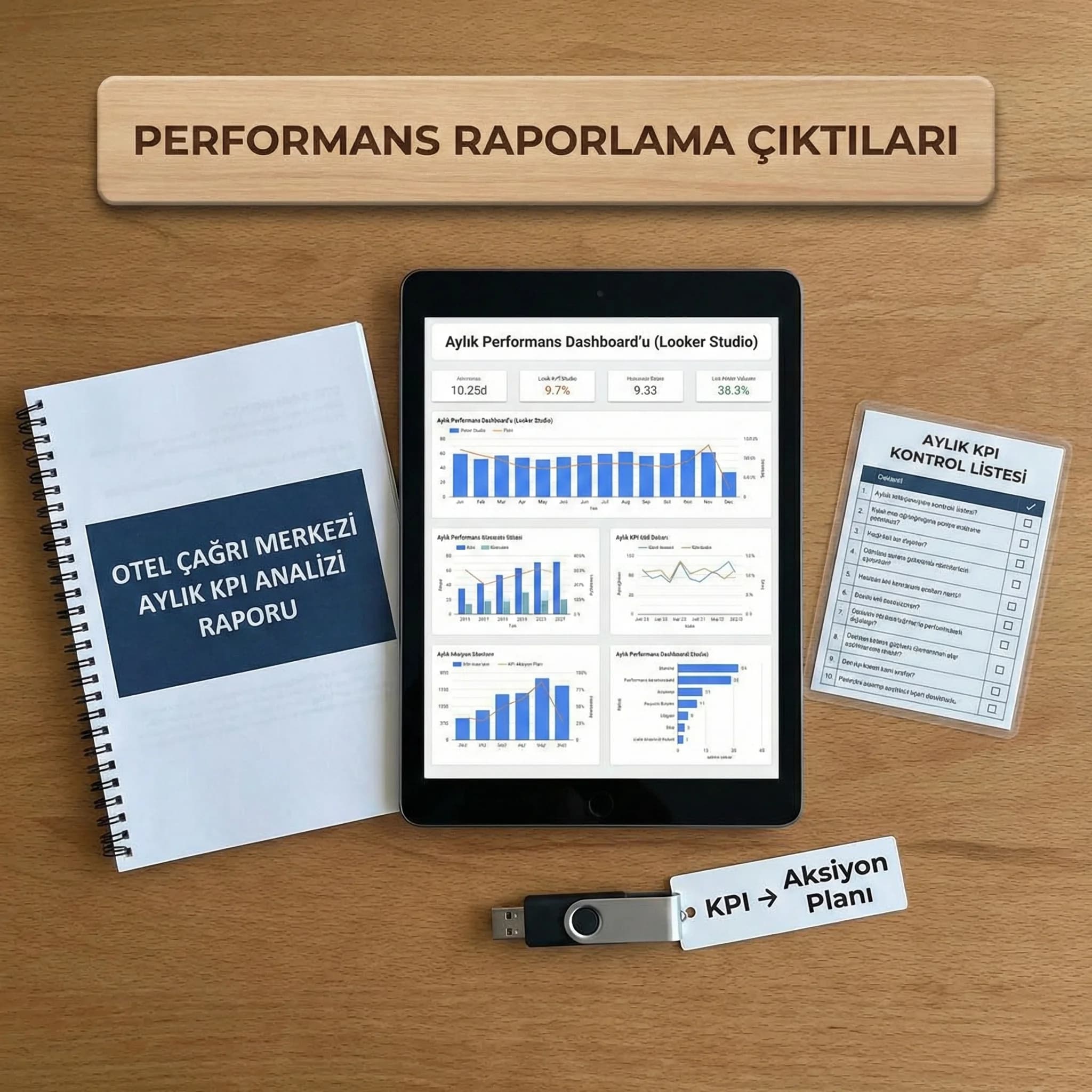 KPI raporlama deliverables kartı, dashboard ve aylık kontrol listesi