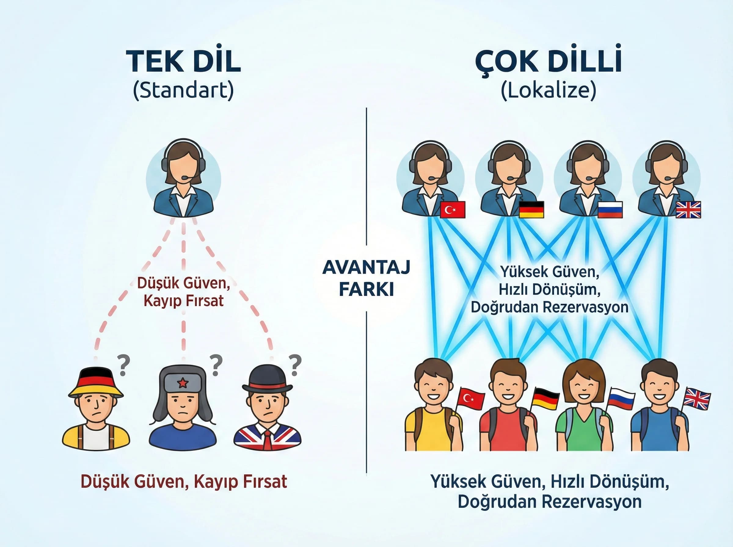 Çok dilli rezervasyon hattı avantajları, güven ve dönüşüm etkisi bölümü