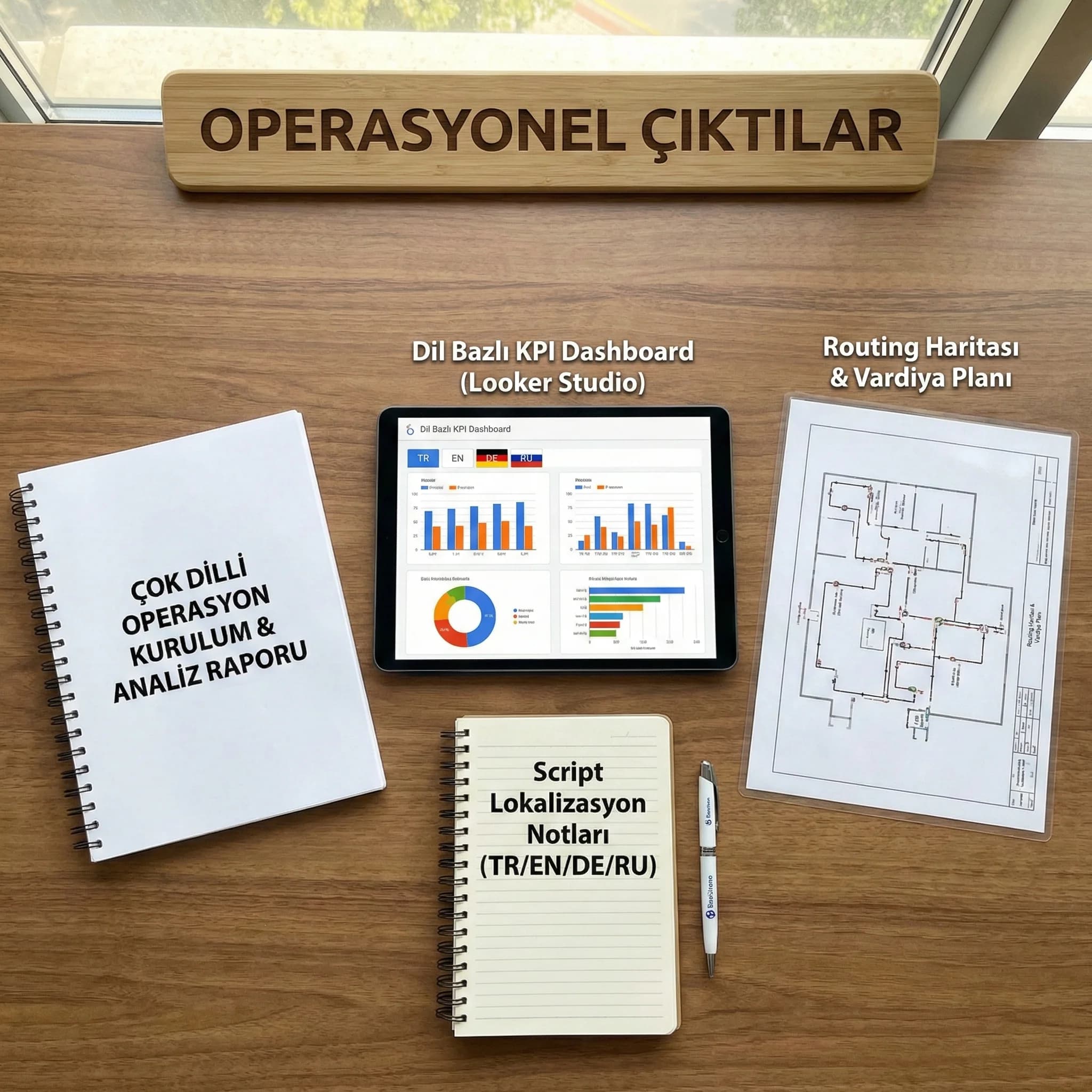 Çok dilli operasyon deliverables kartı, routing planı ve dashboard çıktıları
