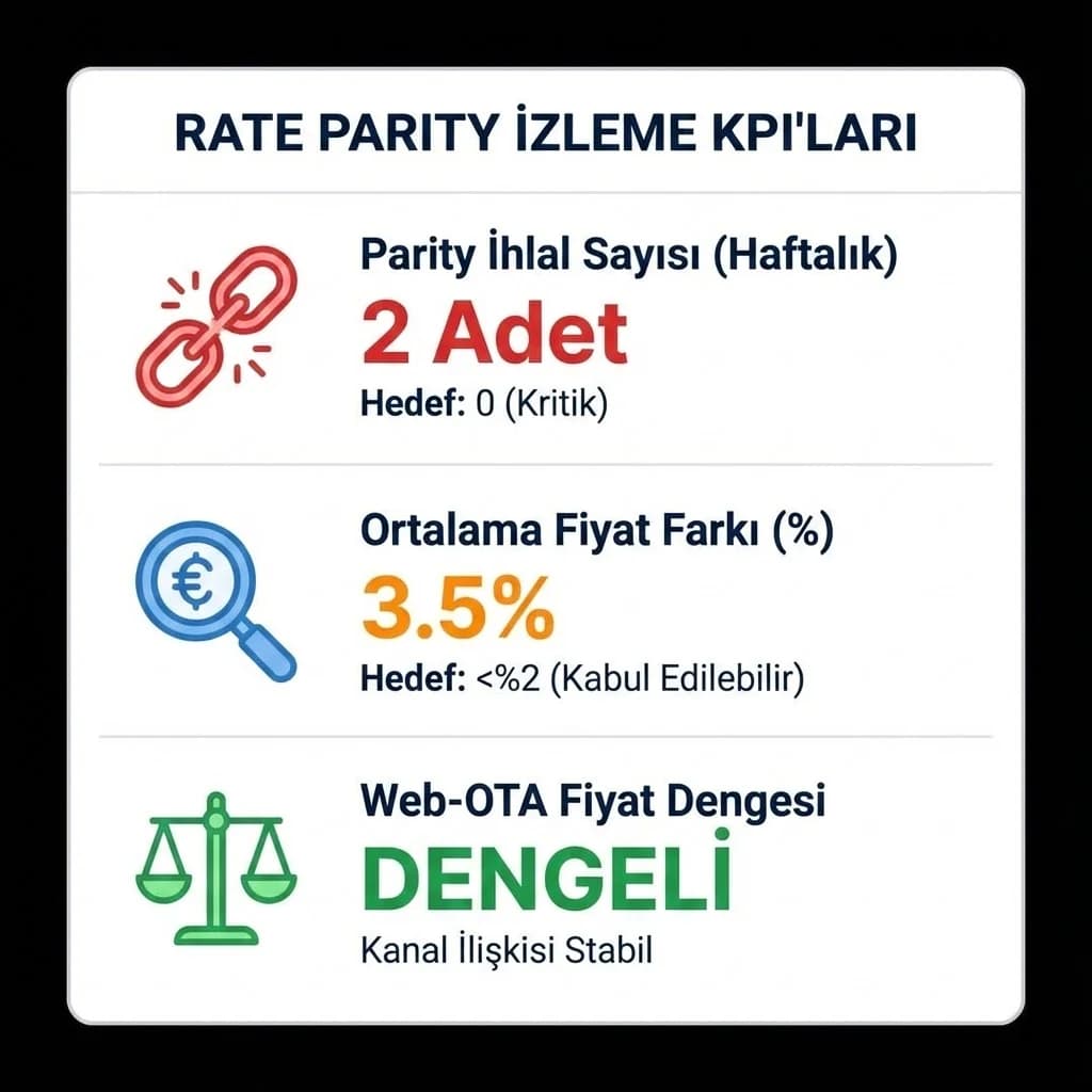 Parity ihlali KPI paneli, otel gelir ve görünürlük etkisi