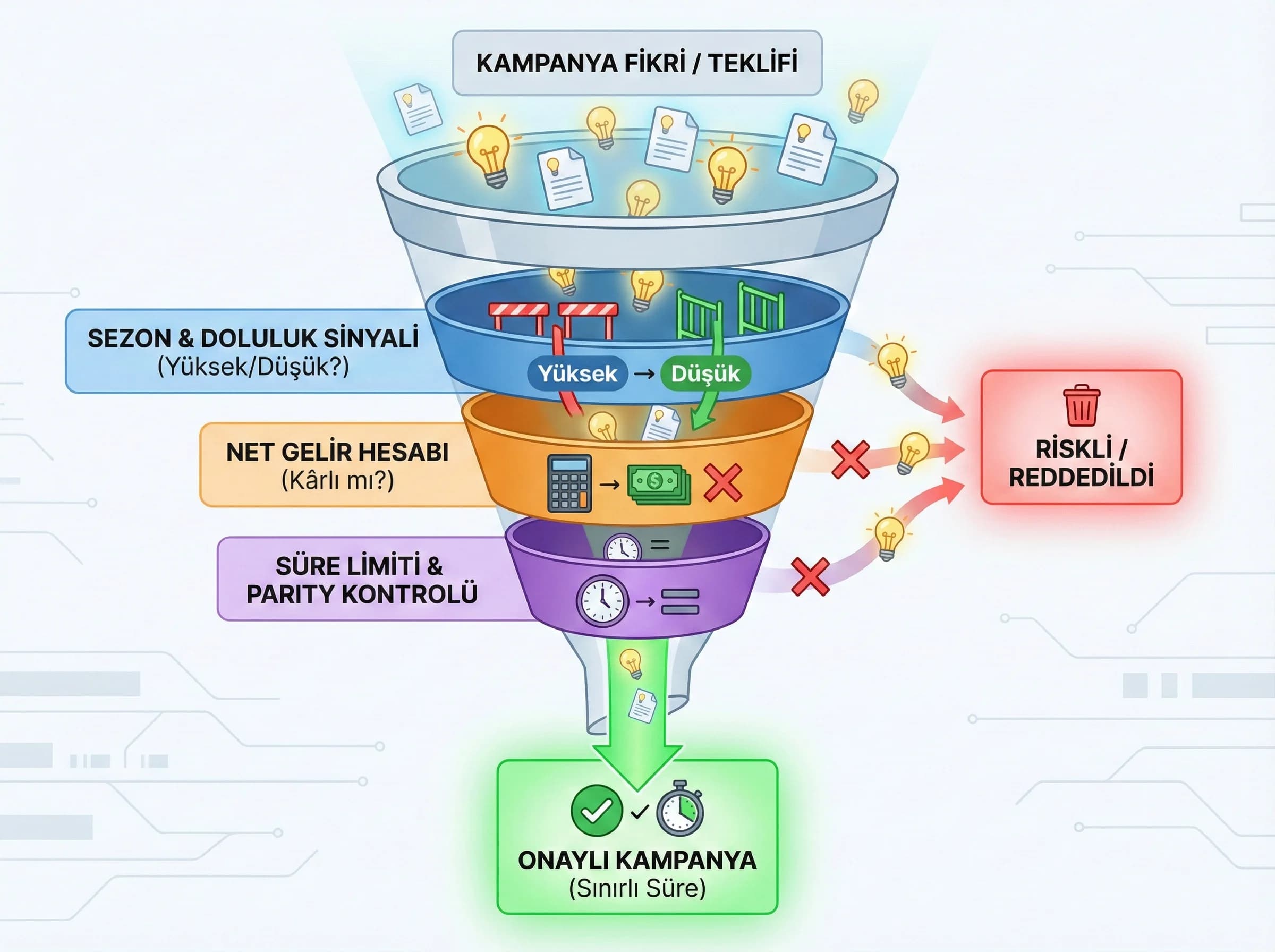 Karar mekanizması bölümü + risk kontrolü + otel kampanya stratejisi