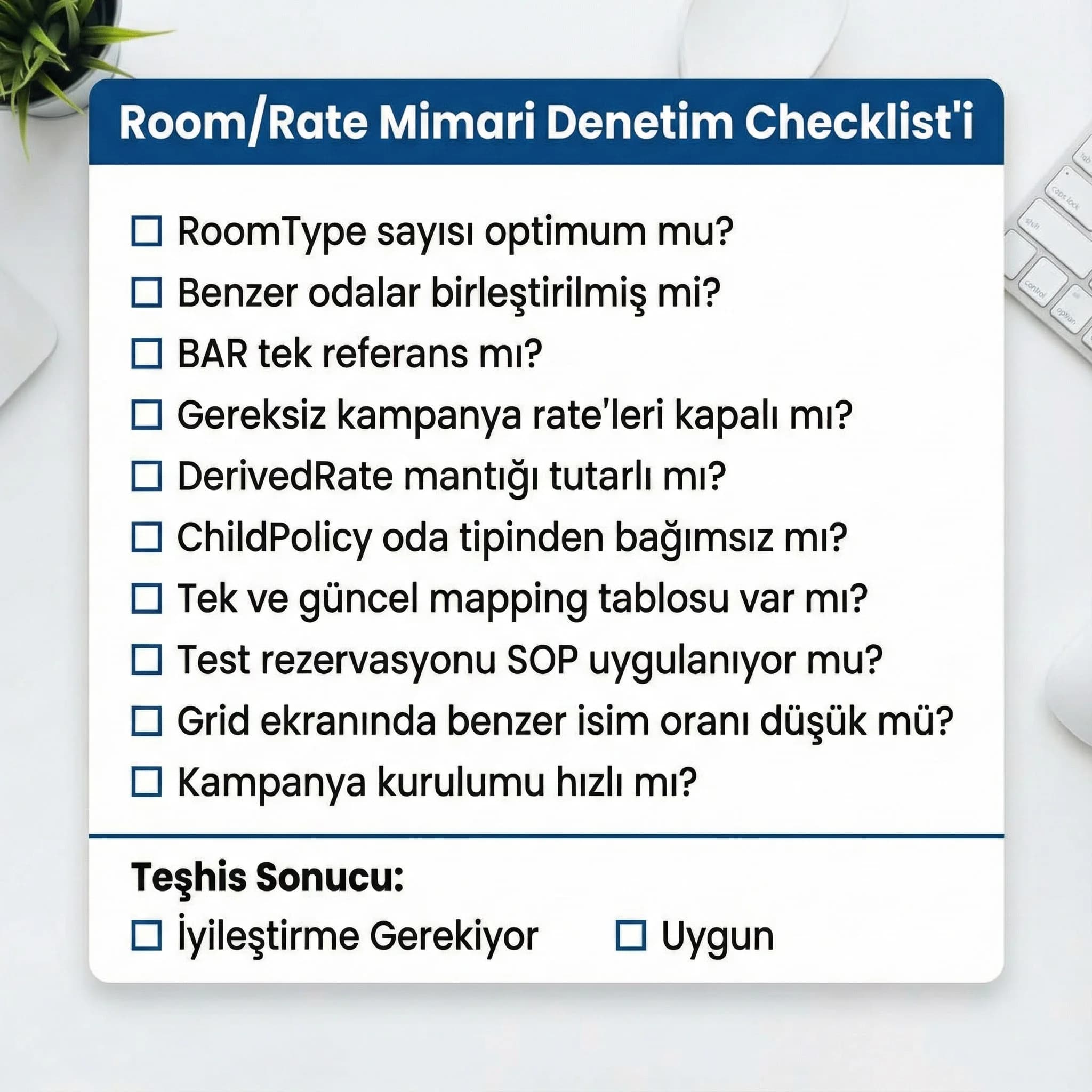 Room rate mimarisini denetlemek için 10 soruluk checklist kartı