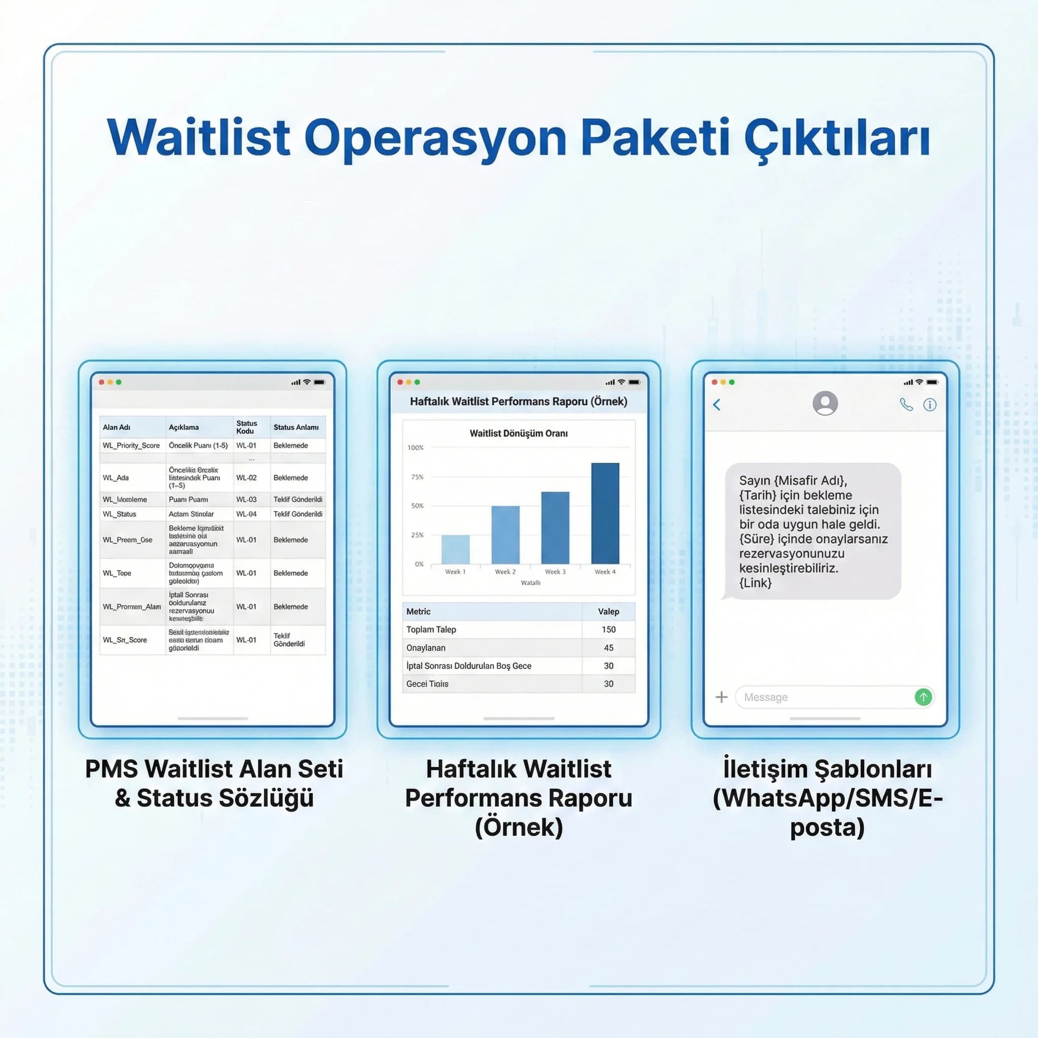 Waitlist alan seti ve kontrol rutinini gösteren otel deliverables kartı