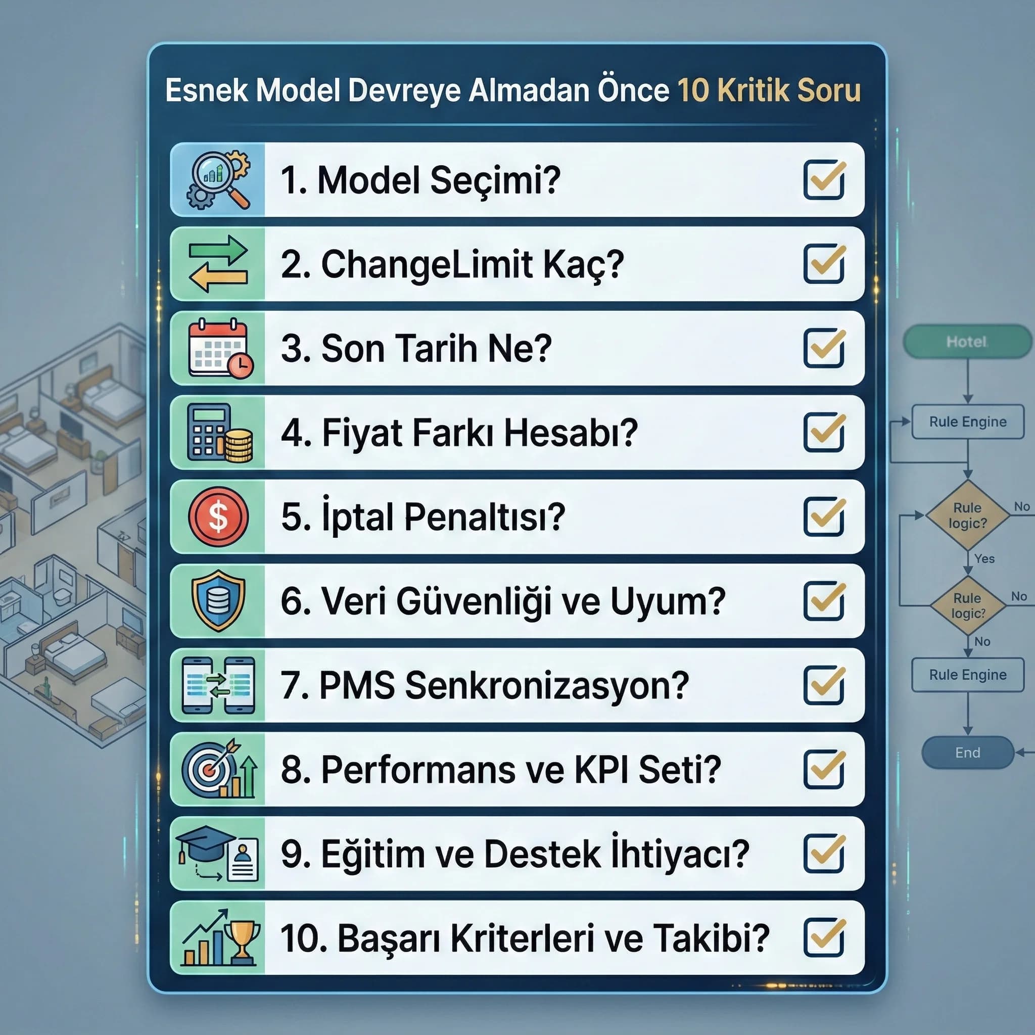 Esnek modelin gelir ve iptal oranı etkisini gösteren otel KPI kartı