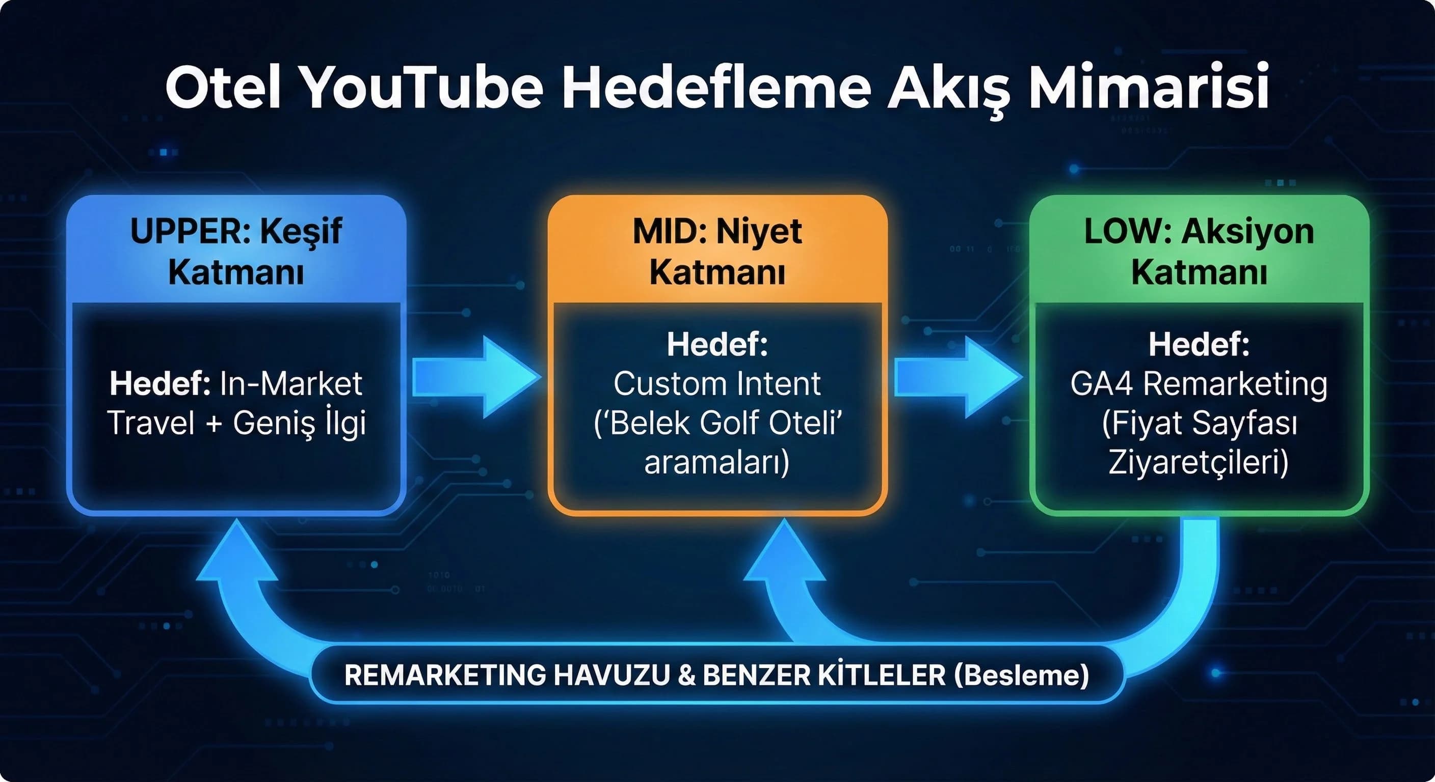 Upper–Mid–Low hedefleme katmanlarını ve remarketing akışını gösteren diyagram