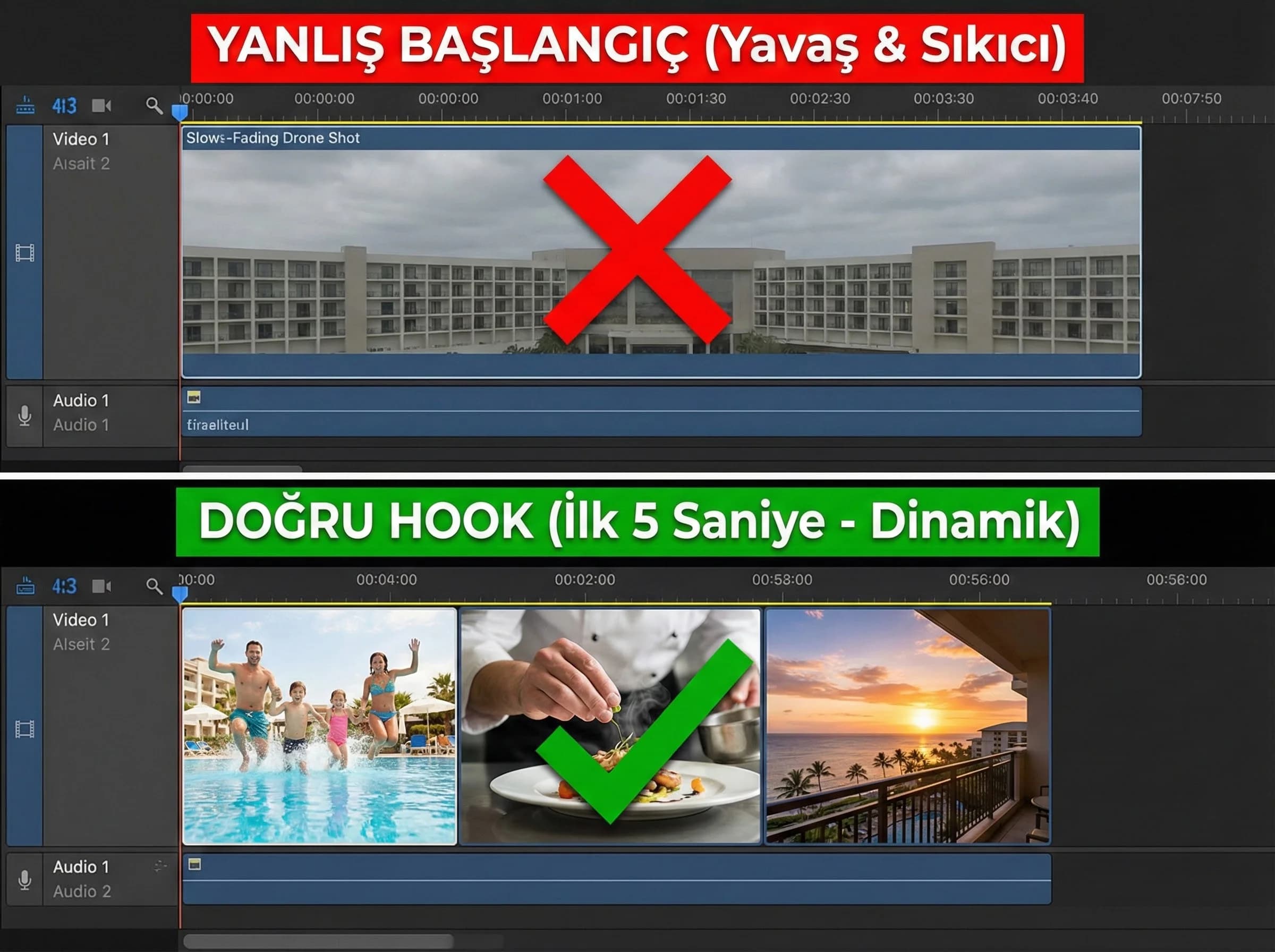 Senaryo akışı + hook + sahne listesi + otel bağlamı