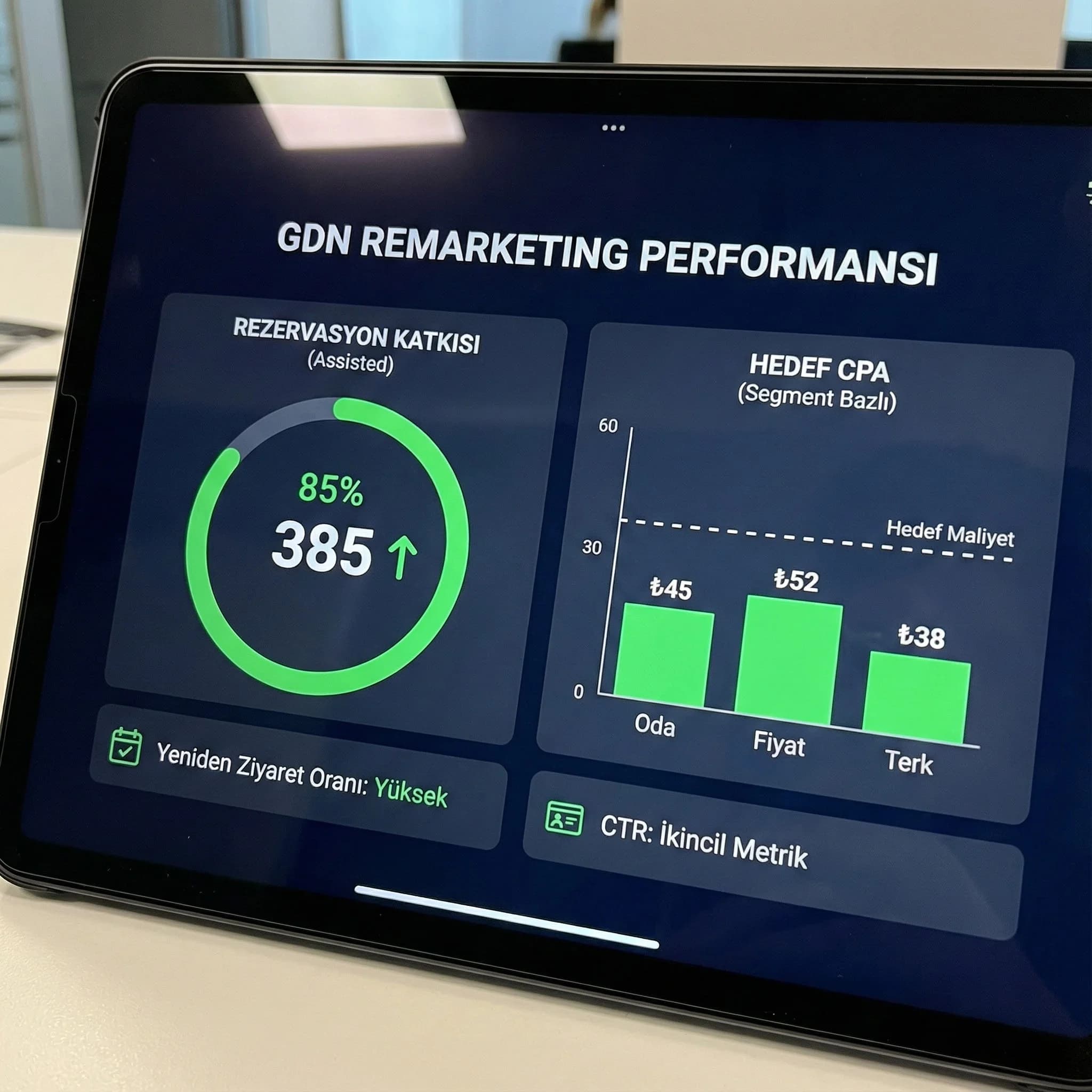 GDN remarketing KPI setini rezervasyon katkısıyla özetleyen otel skor kartı