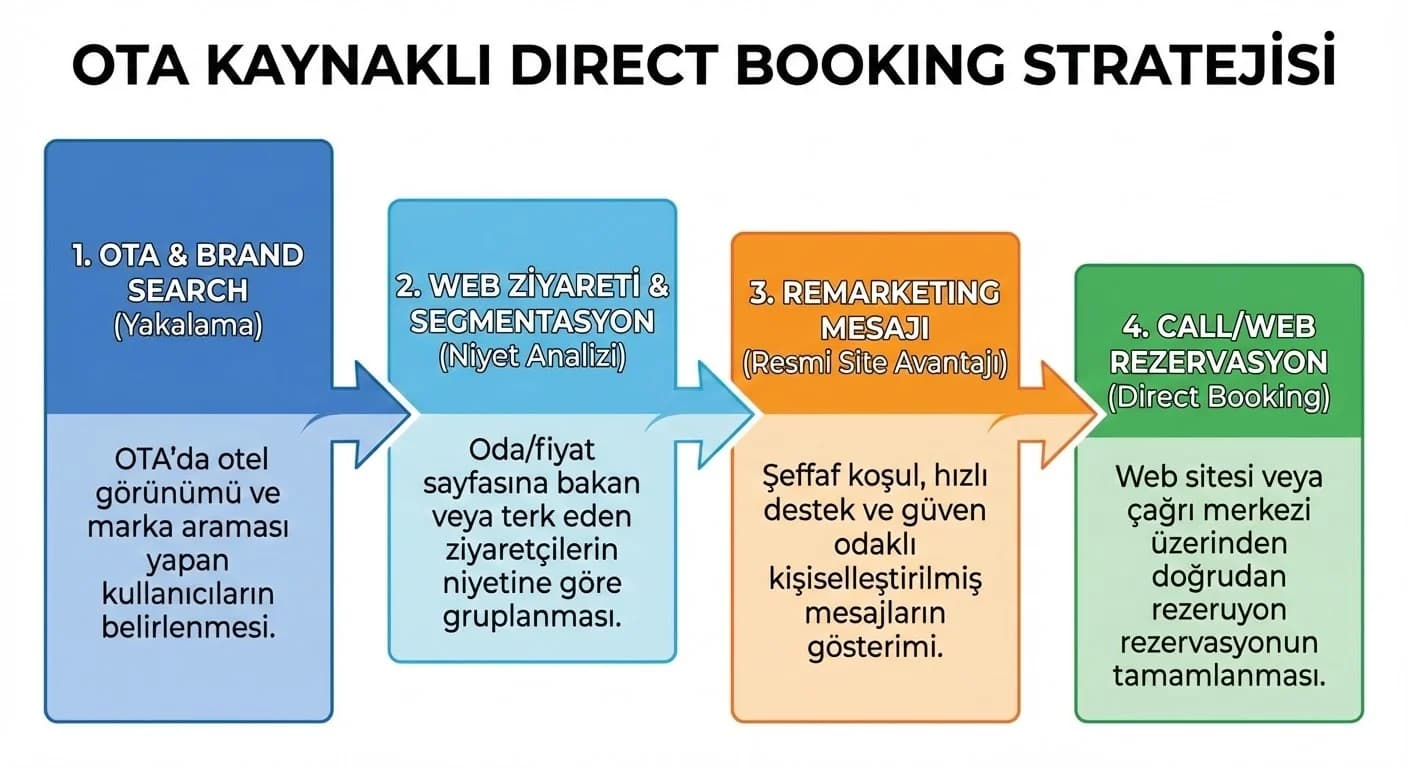 OTA→Web→Remarketing→Call/Web rezervasyon akışını gösteren otel funnel diyagramı
