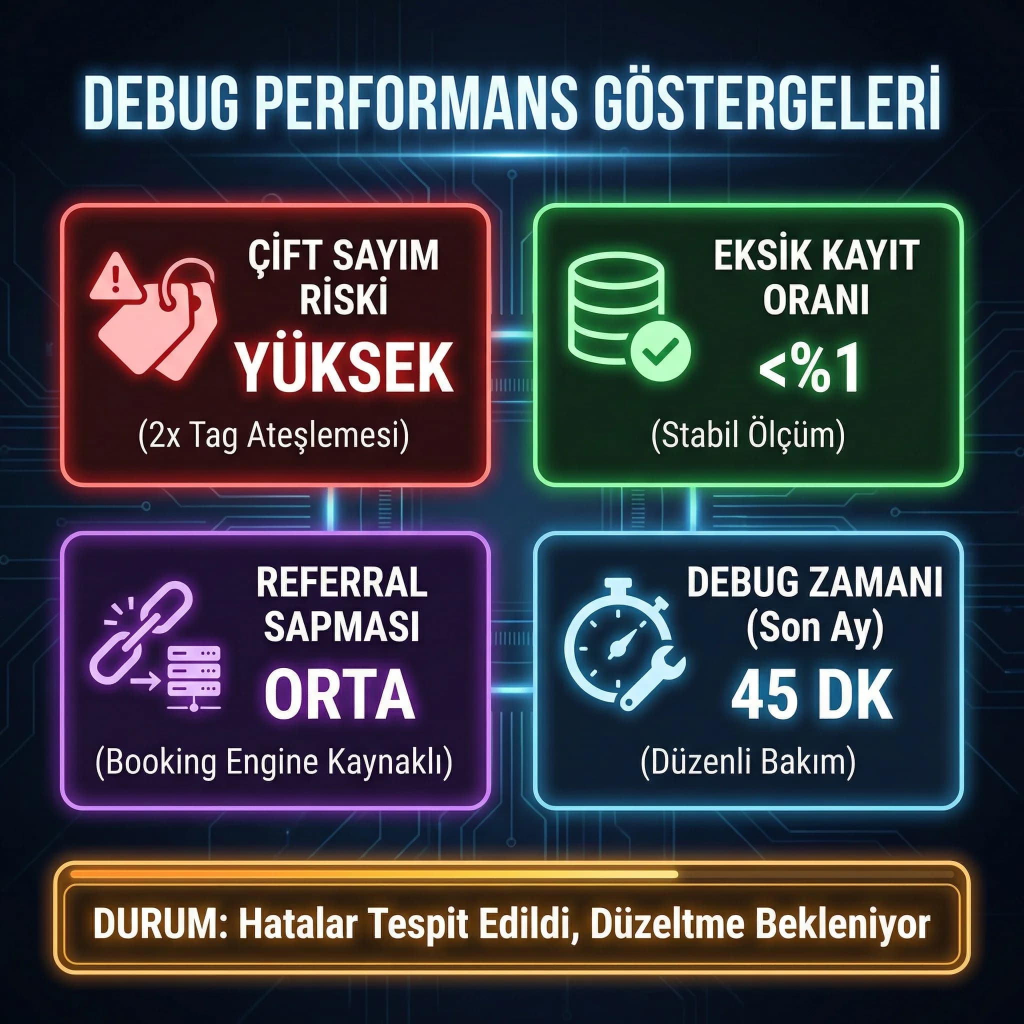 Çift sayım eksik kayıt referral sapması gibi debug KPI kart