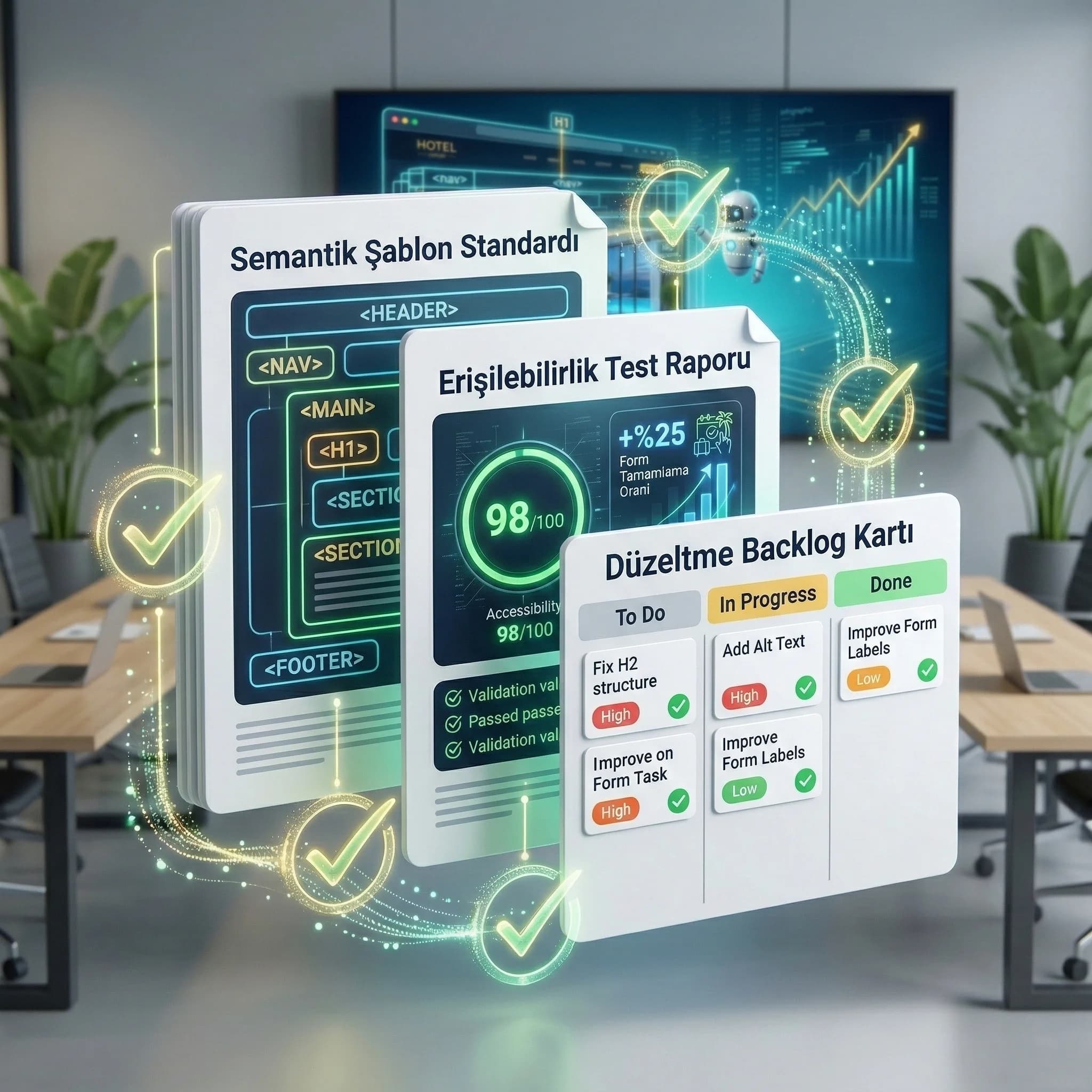Teslimatlar: semantik şablon, test raporu, backlog kartı