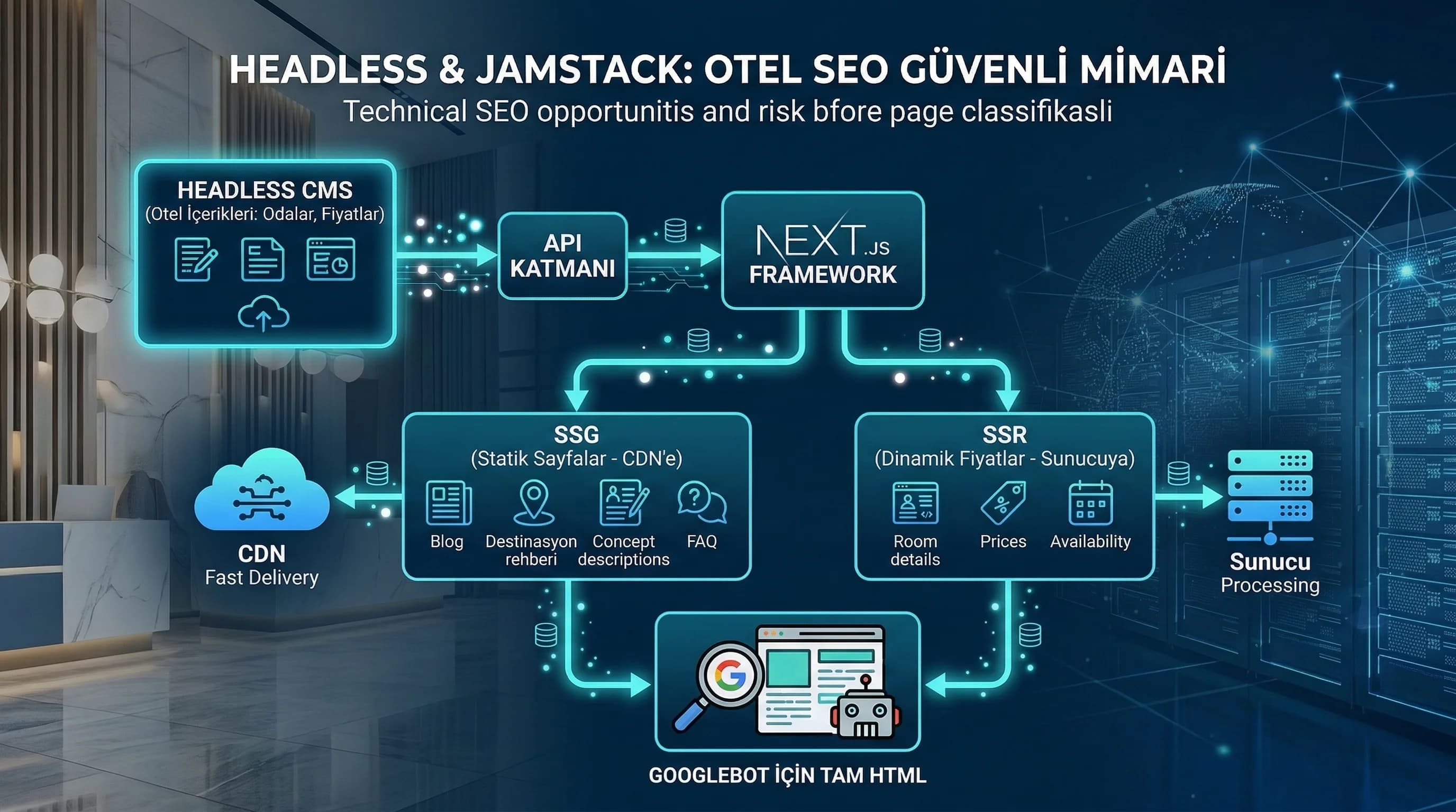 CMS→API→Front-end akışı + amaç + otel bağlam