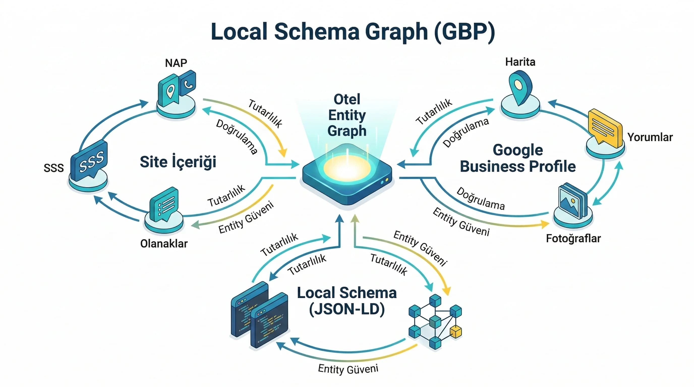 Schema + GBP + site içeriği birlikte çalışma diyagramı