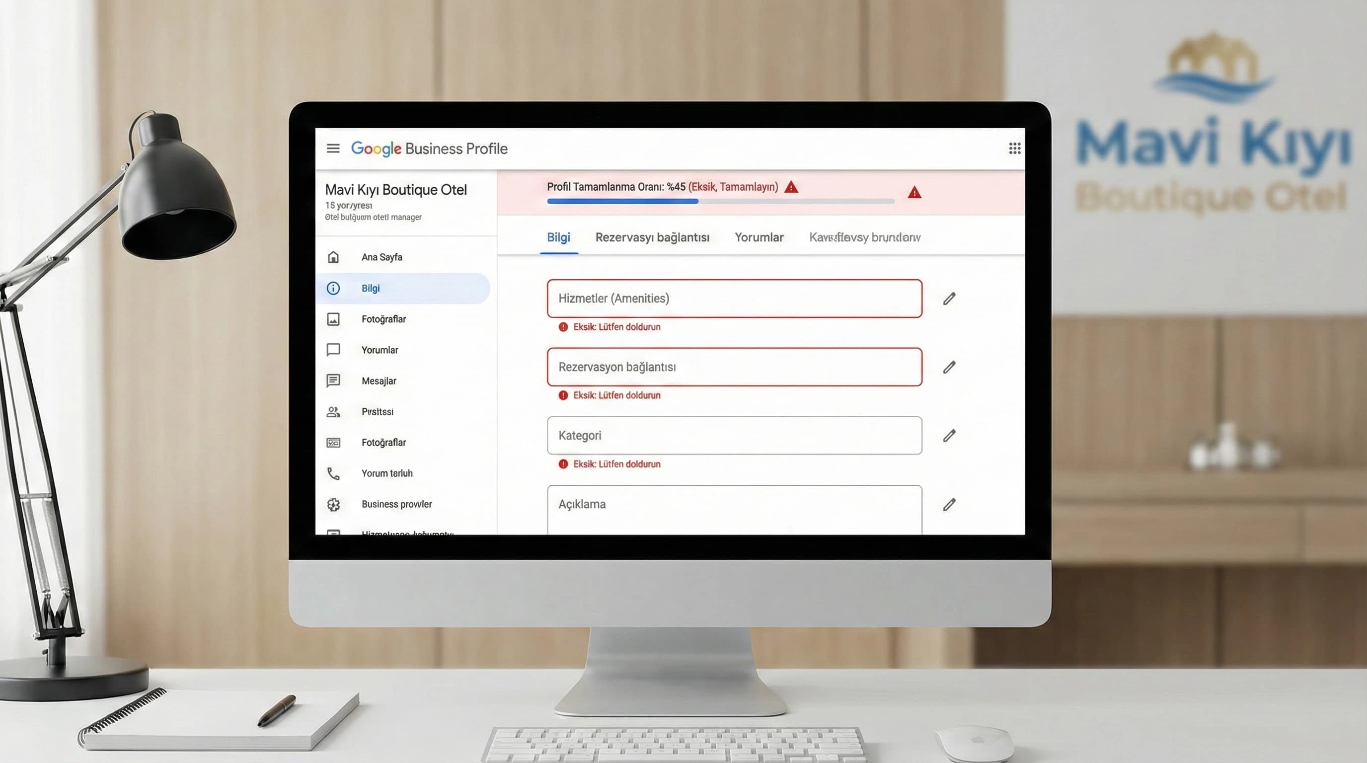 GBP profil ekranı bağlamı, otel kartında kritik alanları gösteren görsel