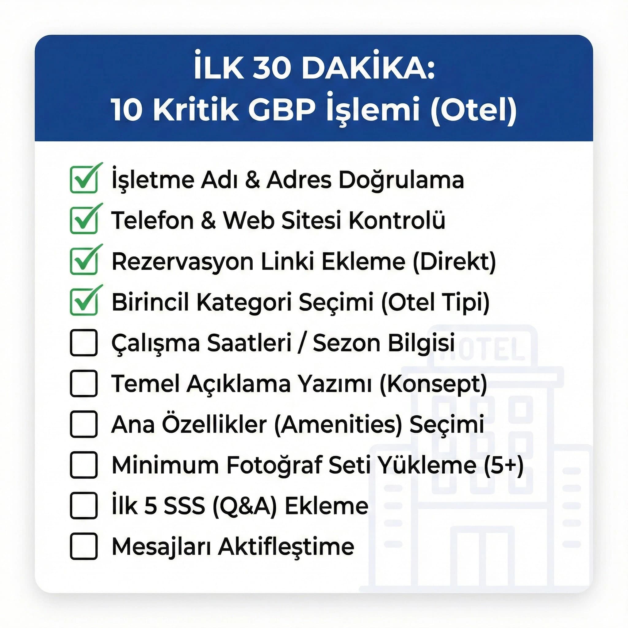 İlk 30 dakikada yapılacak 10 iş, otel GBP checklist kartı