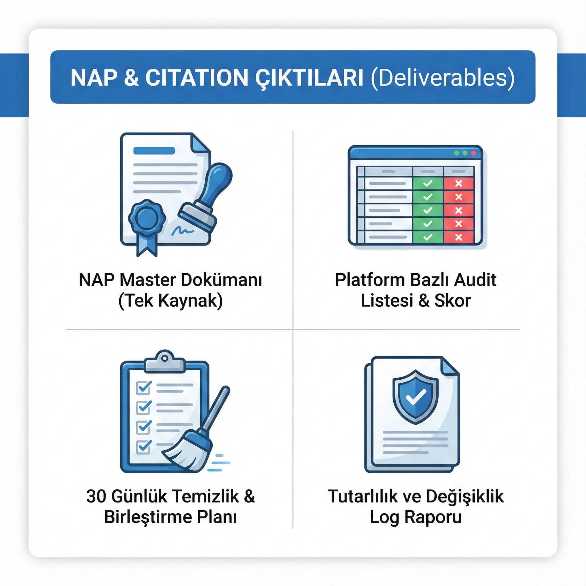 NAP master + audit listesi + temizlik planı deliverables kartı