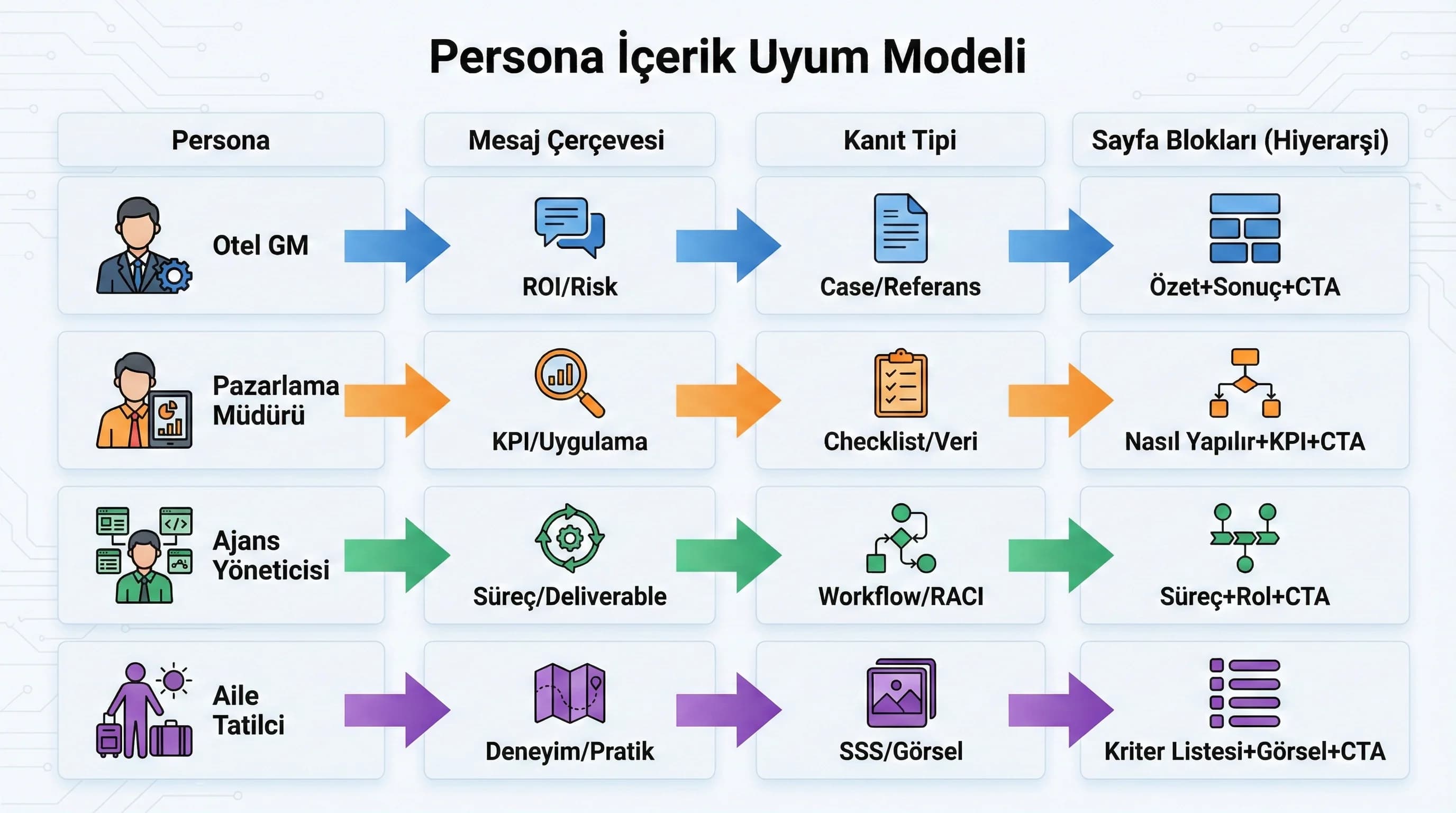 Persona içerik uyum modeli diyagramı, mesaj ve sayfa blokları