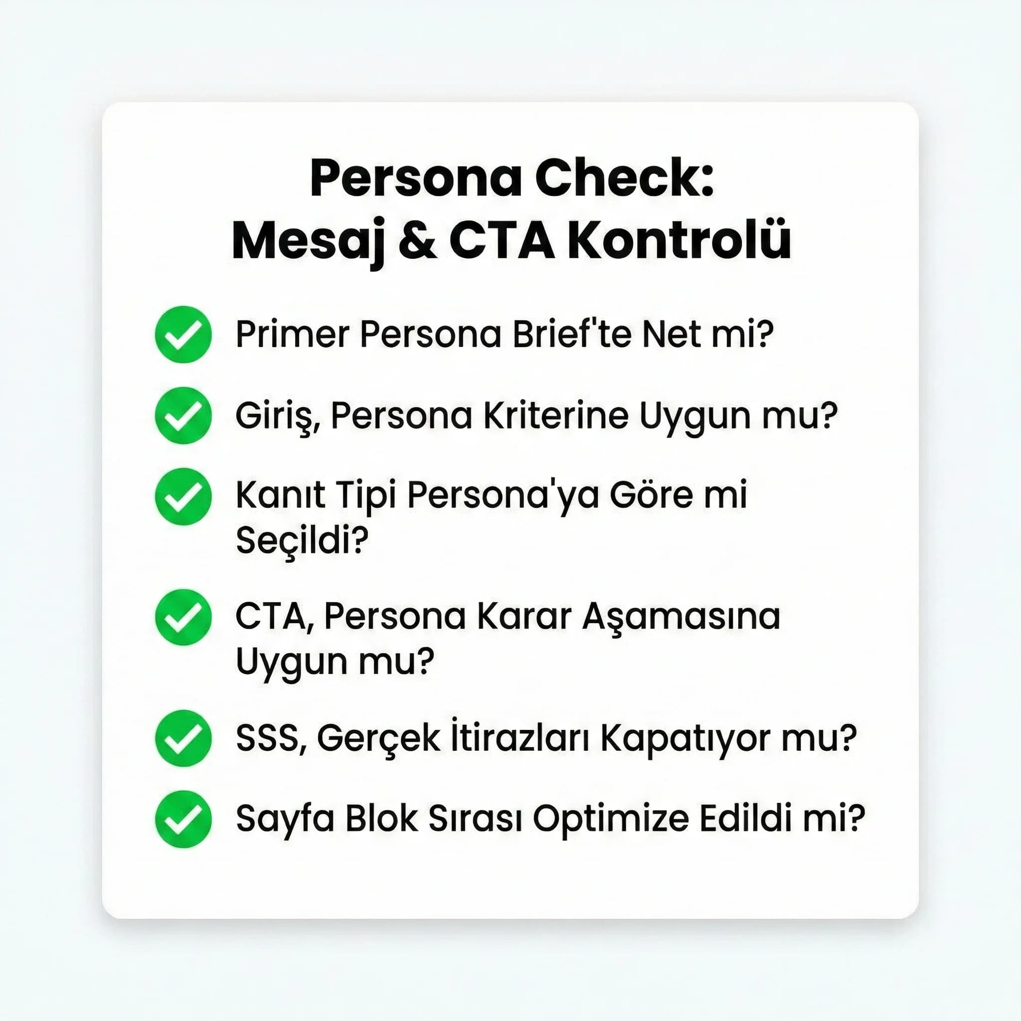 Persona check checklist kartı, mesaj ve CTA kontrolü