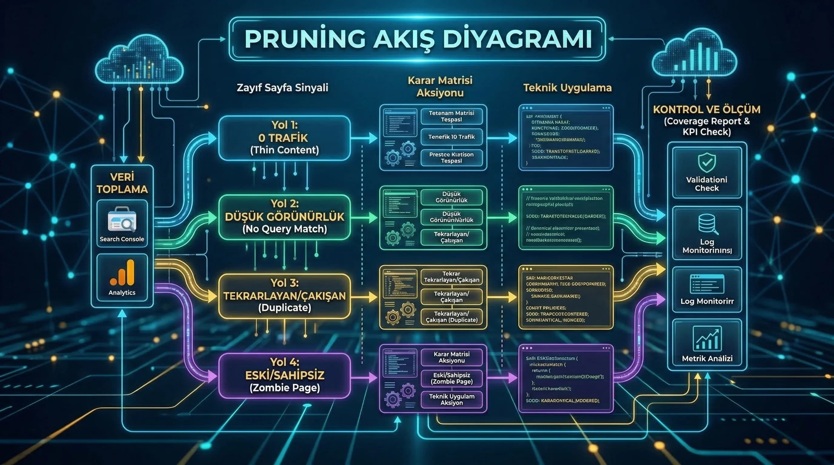 Pruning akış diyagramı: veri → karar → teknik aksiyon → kontrol