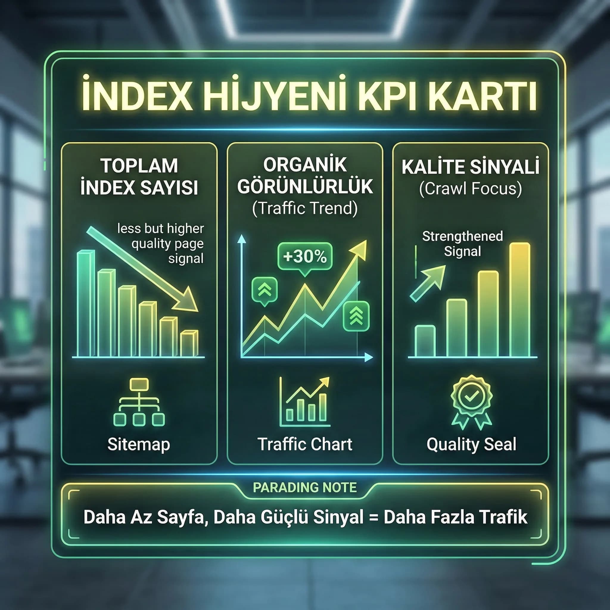 Index hijyeni KPI kartı: index sayısı, görünürlük, kalite sinyali