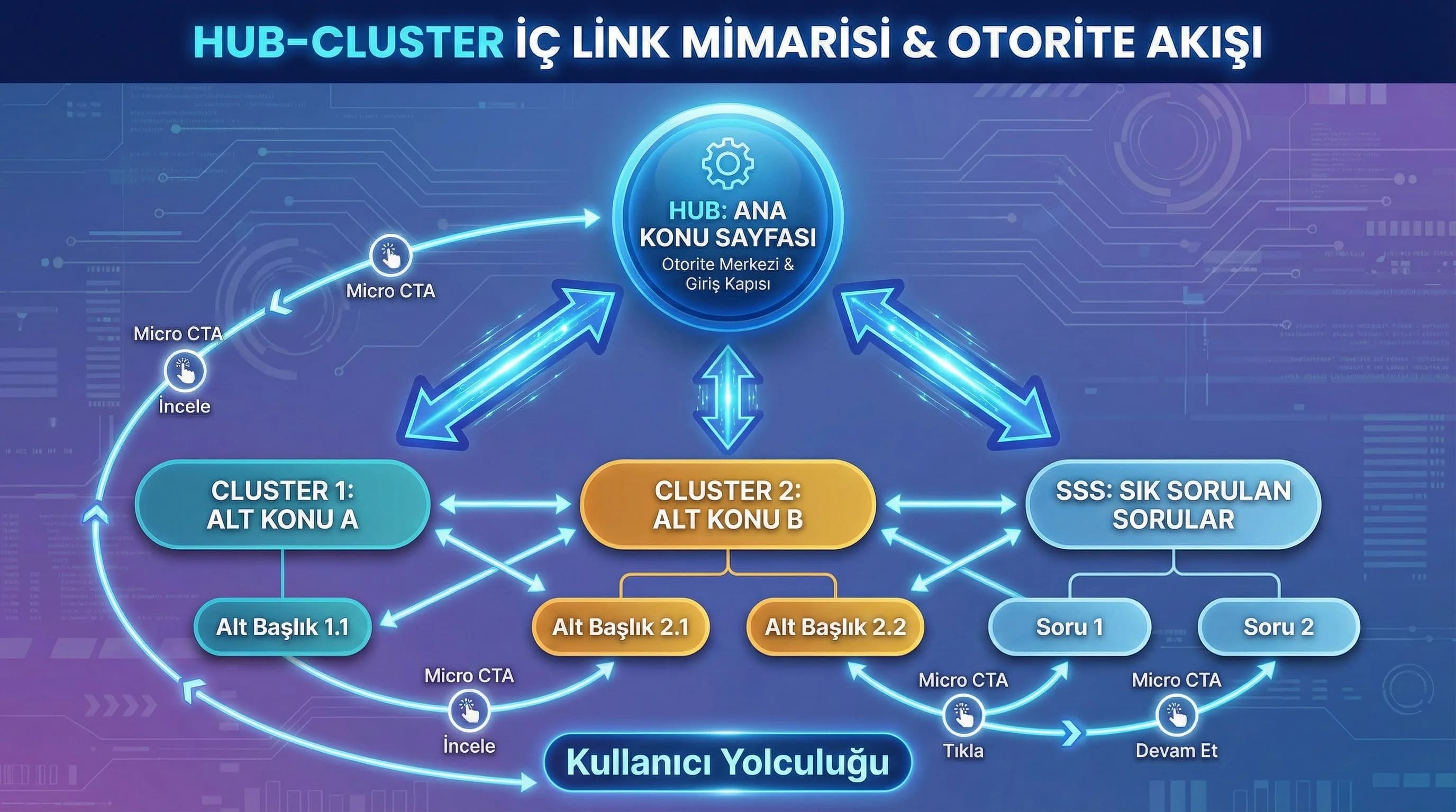 Hub–cluster iç link diyagramı, otorite akışı ve kullanıcı yolculuğu