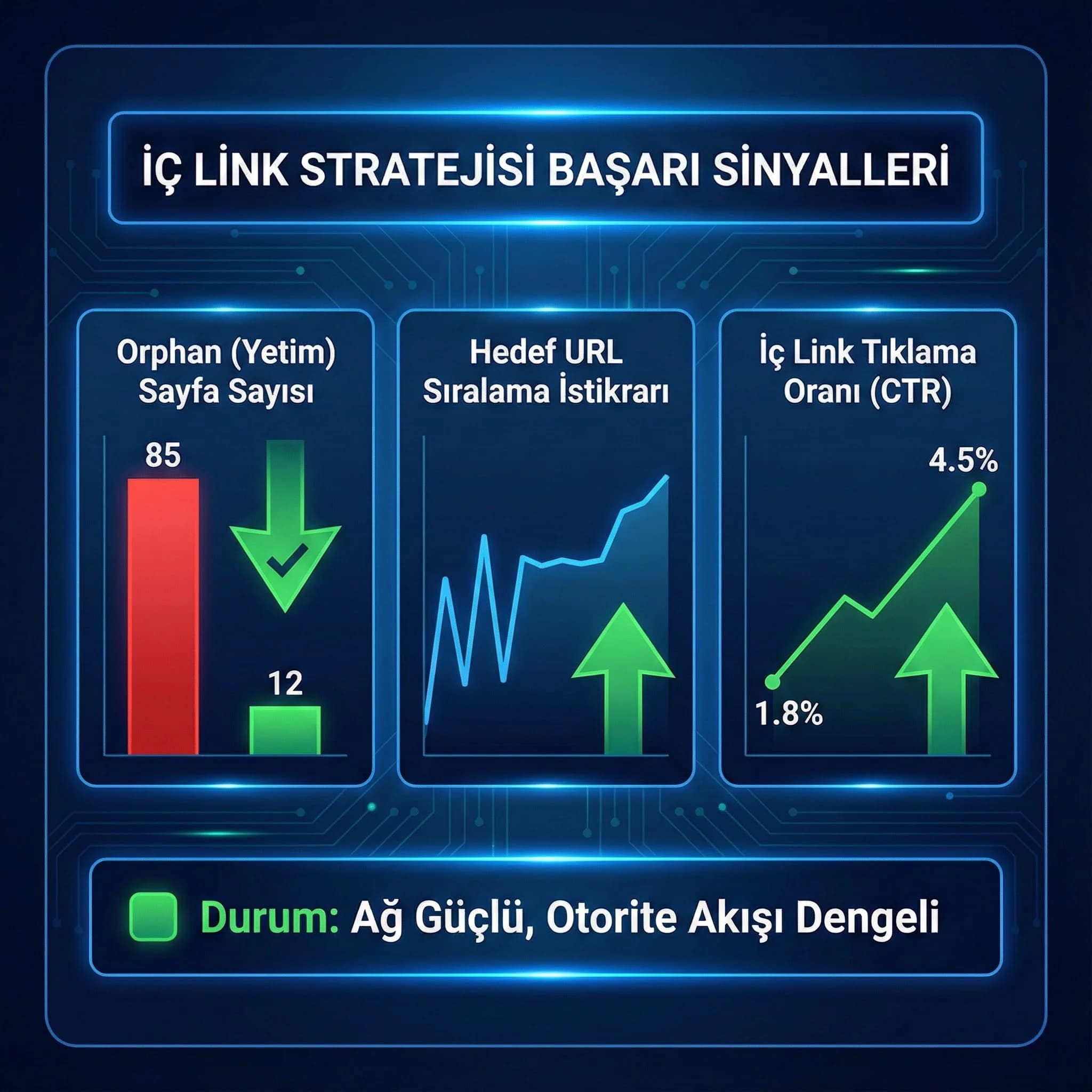 Orphan sayfa azalması KPI kartı, hedef URL istikrarı