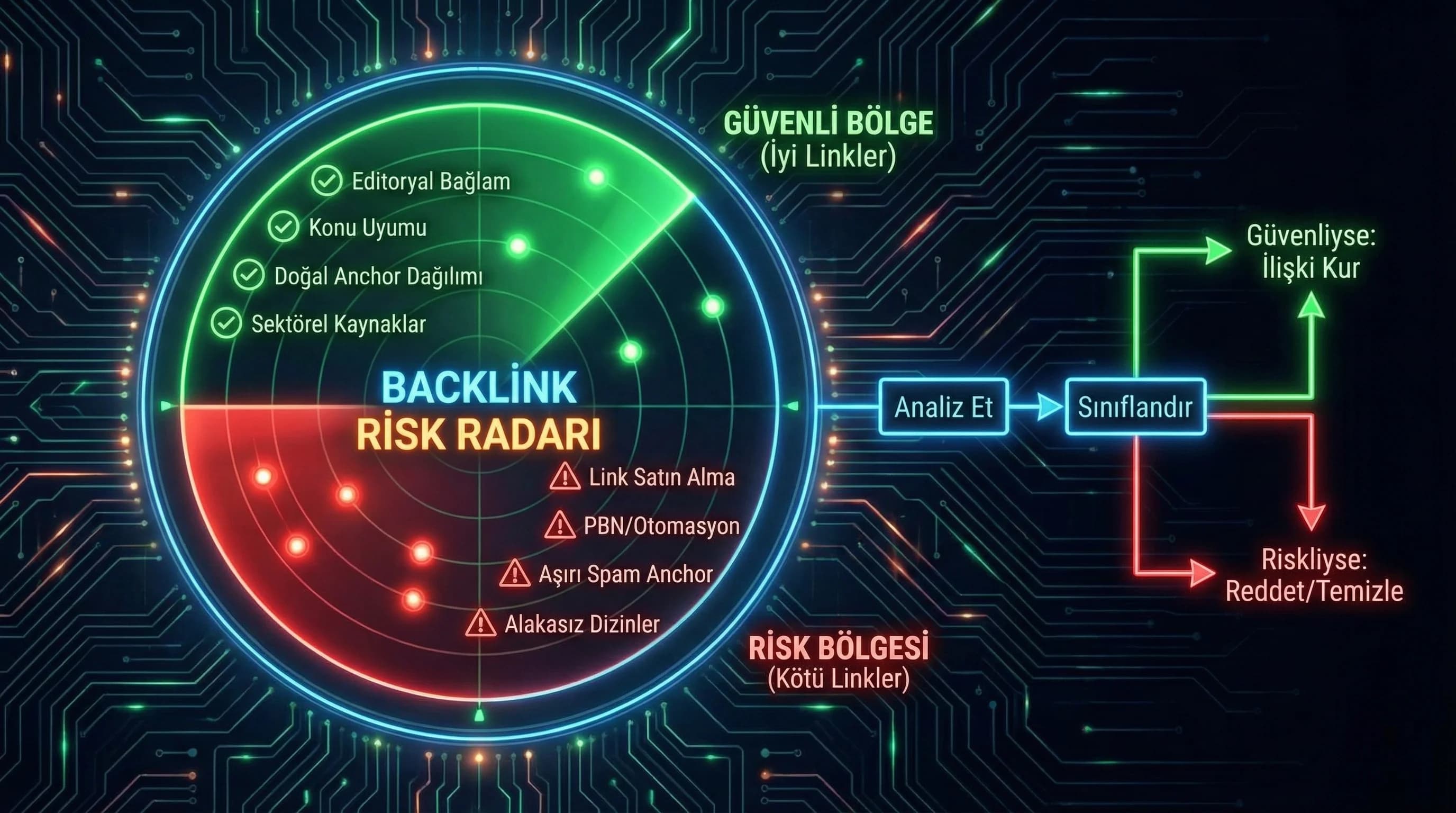 İyi-kötü backlink karar akışı, otel ve B2B risk radar diyagramı